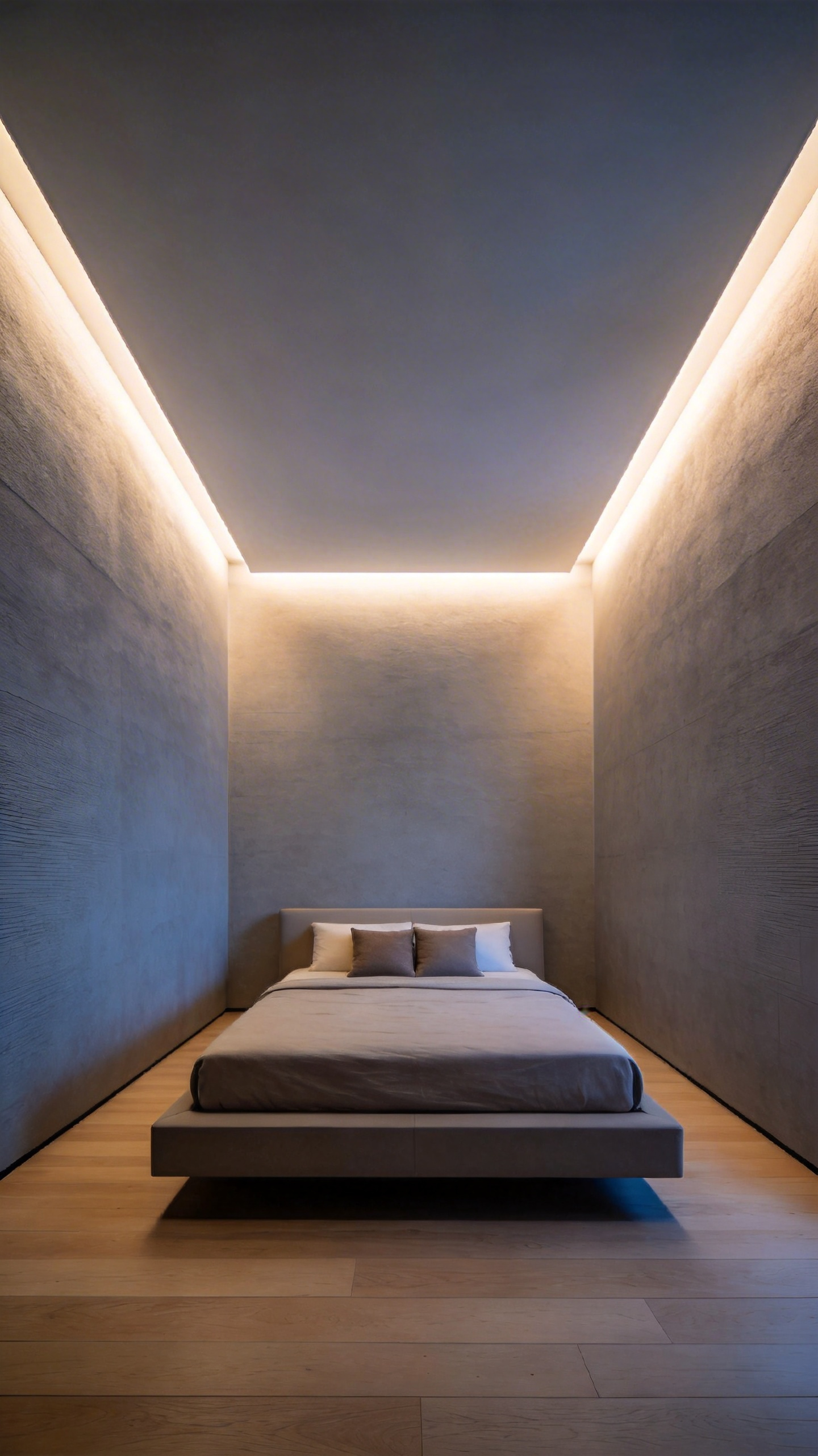Wide shot of a modern master bedroom showing architectural cove lighting that washes the ceiling perimeter in a warm, uniform glow, visually dissolving corners and making the room feel significantly more spacious.