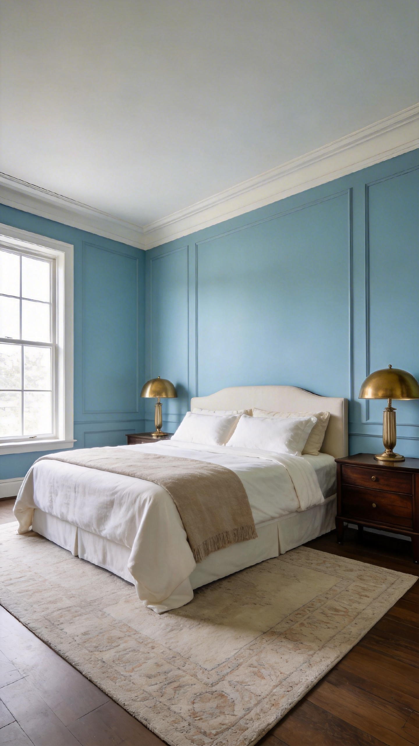 A master bedroom showcasing a balanced 60-30-10 paint scheme with blue walls, cream bedding, and gold accents.