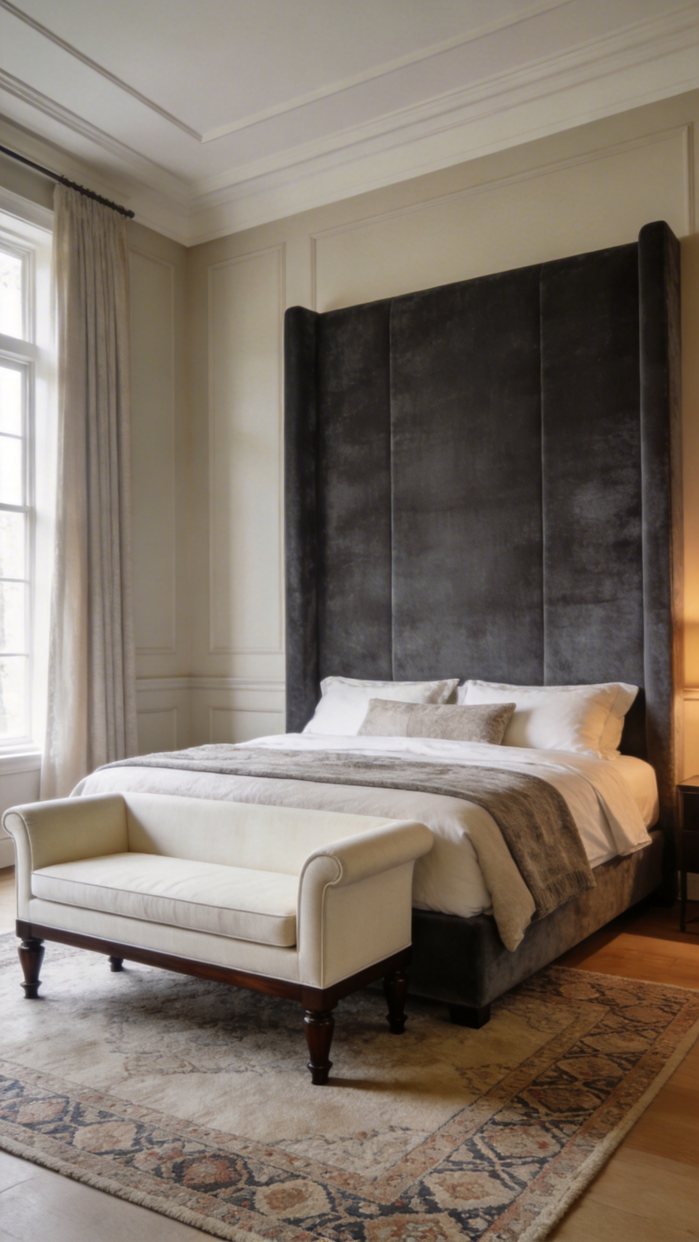 Wide-angle view of a luxurious master bedroom showing a cream linen Recamier bench placed at the foot of a large king bed, demonstrating how furniture anchors the bed and defines spatial zones.