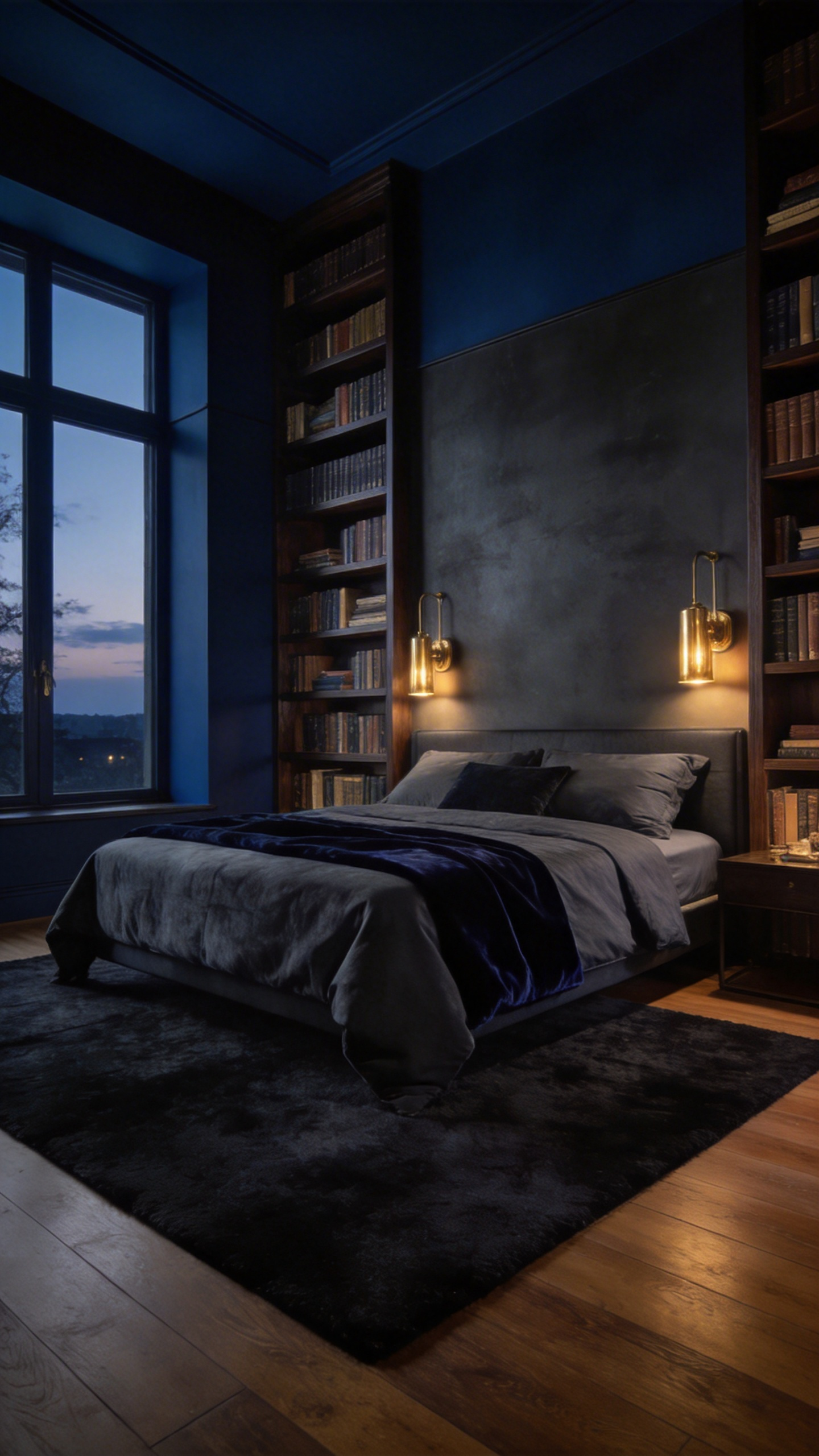A dark and moody bedroom painted in deep ink blue and charcoal with built-in bookshelves and warm accent lighting.