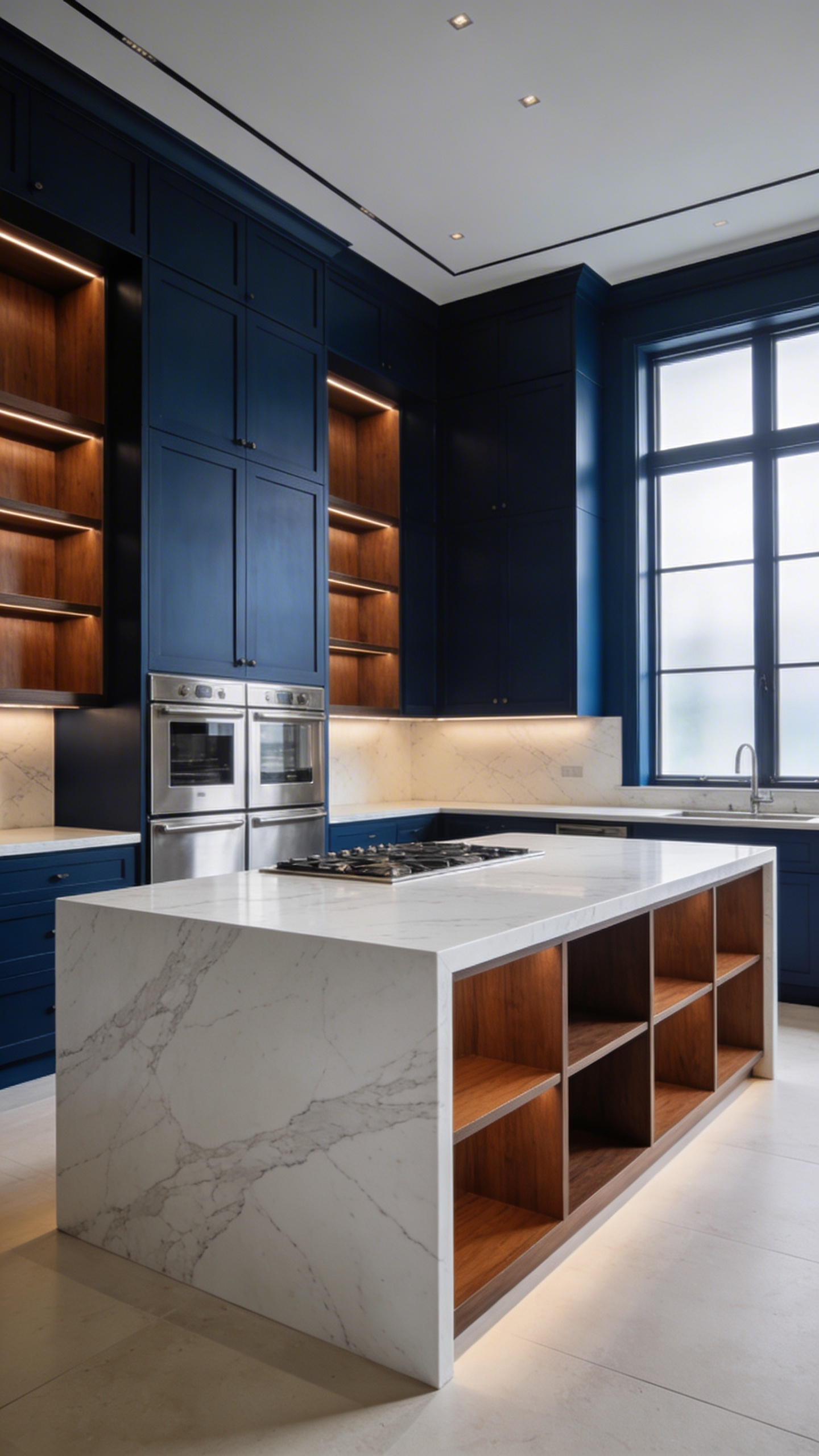 A high-end kitchen featuring sophisticated midnight navy cabinets, walnut wood accents, and luxurious marble countertops in a formal setting.