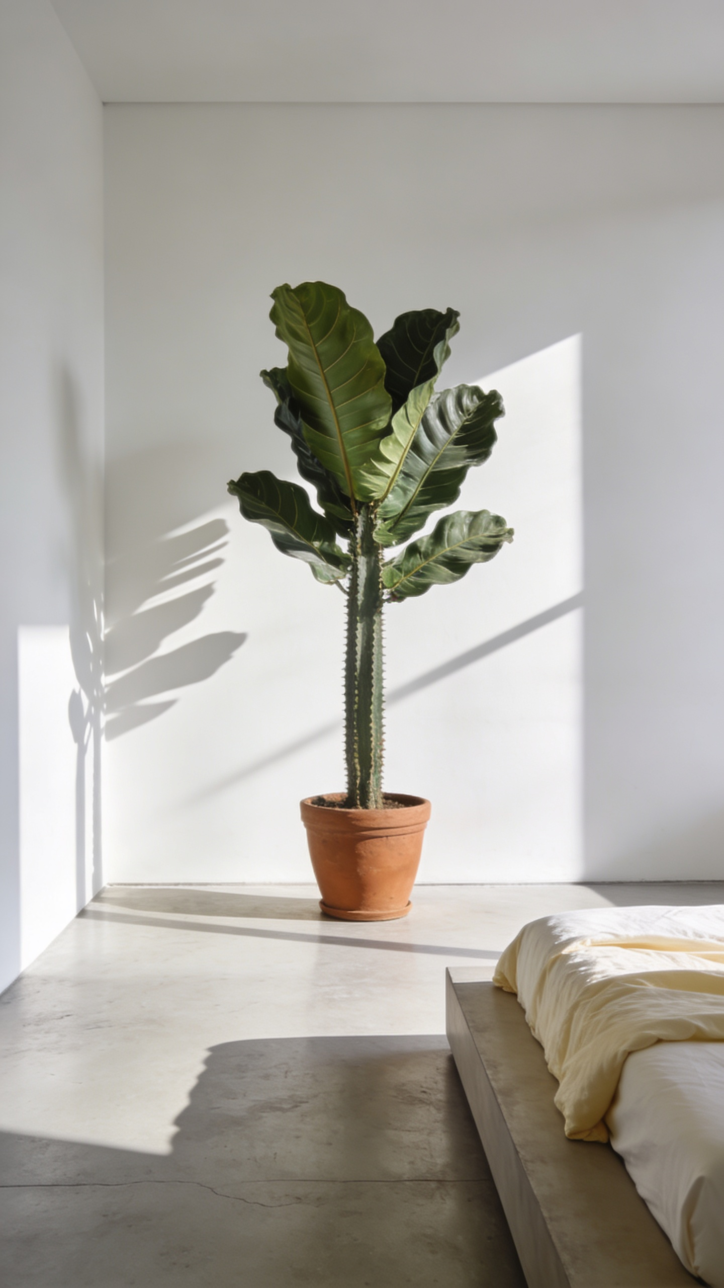 A serene minimalist bedroom featuring a single, magnificent Fiddle Leaf Fig plant positioned against a large white wall to serve as a living architectural sculpture.
