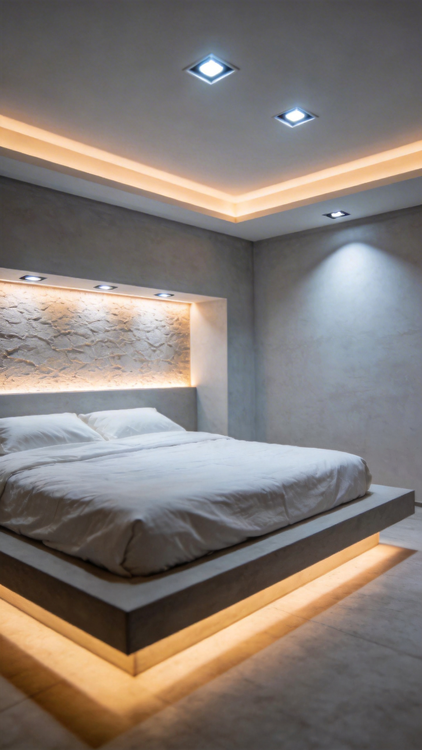 Minimalist bedroom design featuring layered illumination, showcasing warm cove lighting washing a plaster wall and cool recessed lighting on the ceiling, emphasizing visual silence over traditional fixtures.