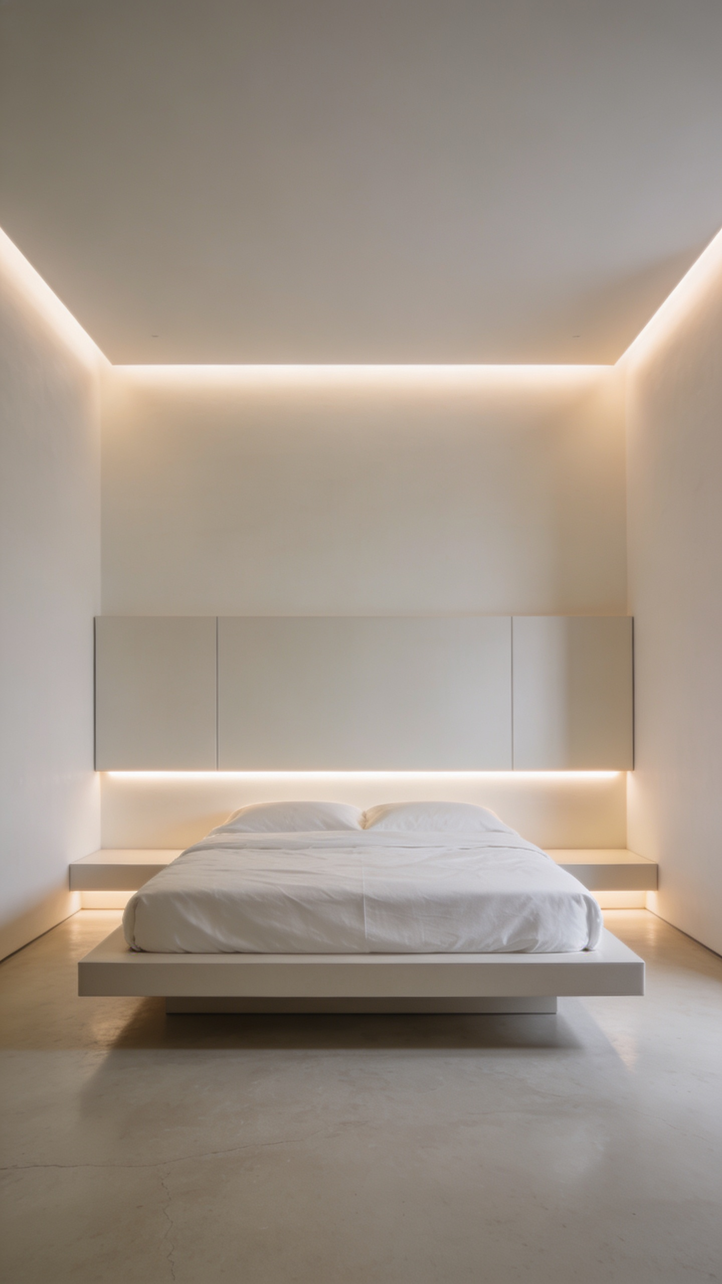 Minimalist bedroom featuring invisible technology and architectural lighting, demonstrating recessed LED profiles creating a soft ambient glow with zero visible fixtures or screens.