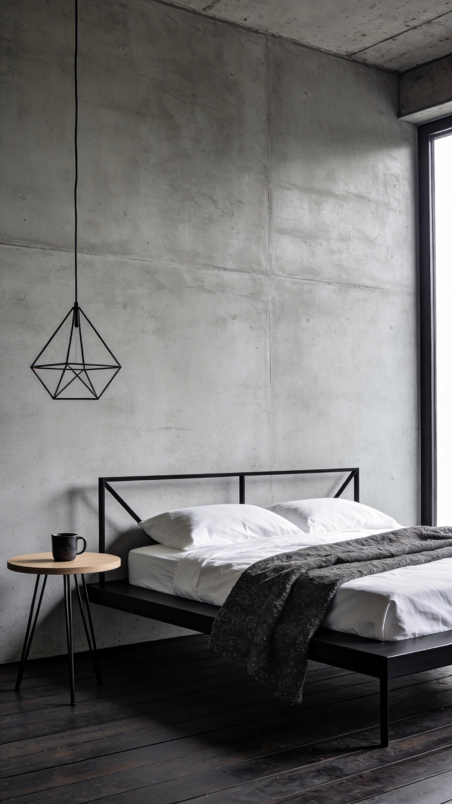 Minimalist bedroom featuring a polished concrete microcement accent wall and a low-profile bed with a matte black metal frame, embodying an industrial architectural aesthetic.