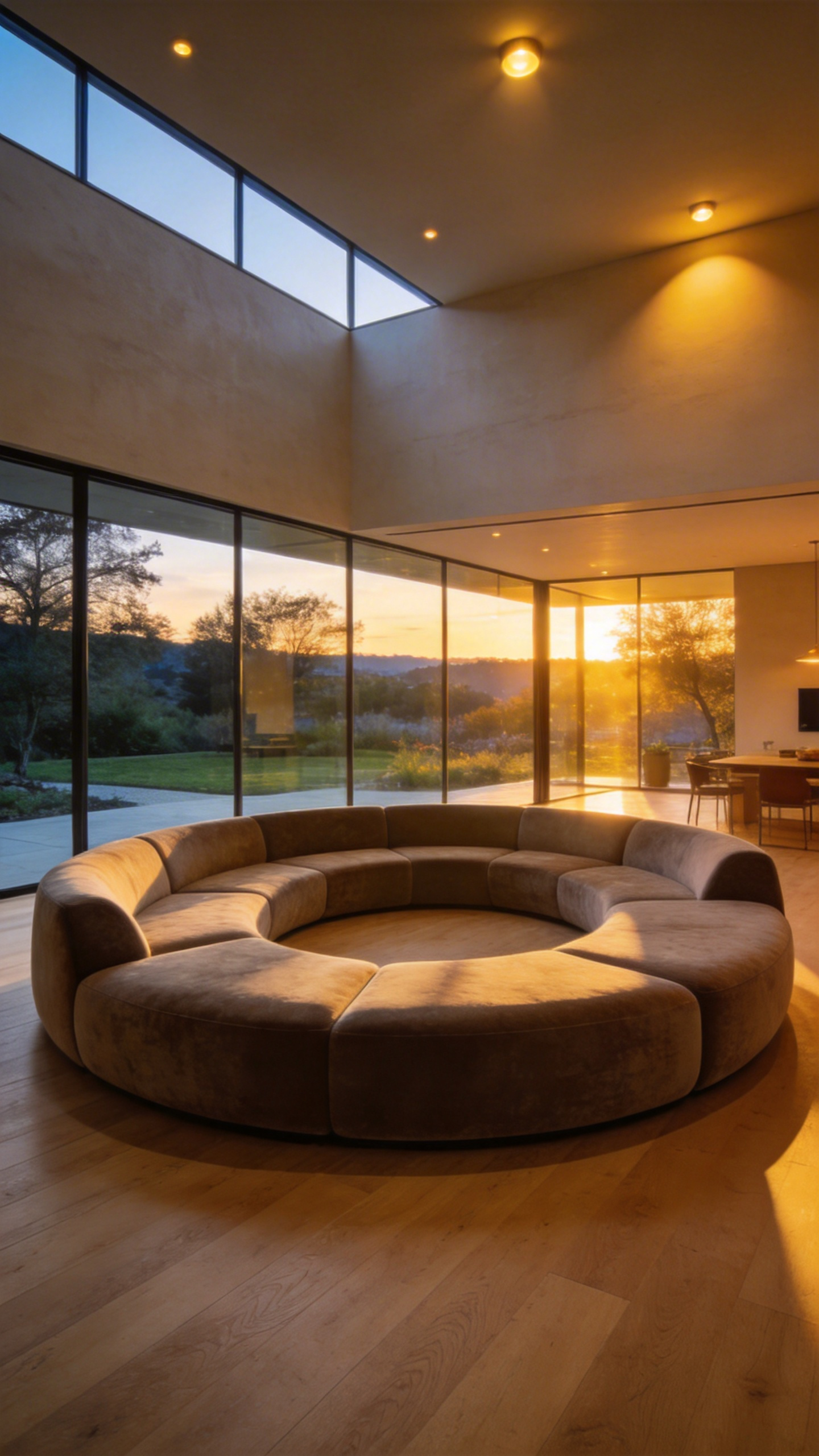 A sprawling modular sectional sofa set in the middle of a modern living room as a central island to facilitate 360-degree interaction.