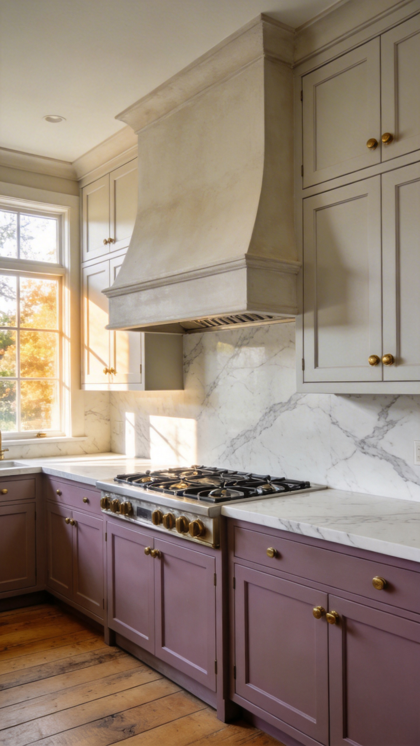 High-end transitional kitchen featuring mushroom and greige Shaker cabinets with brass hardware and marble countertops.