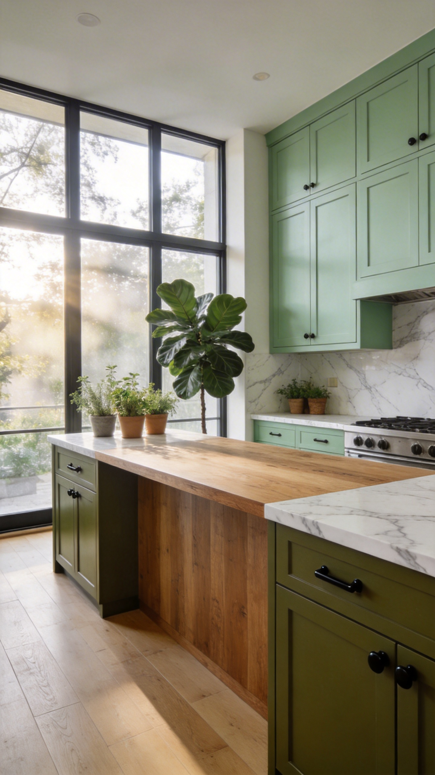 A modern luxury kitchen featuring a mix of muted olive and soft sage green cabinets with white marble countertops and natural wood accents.