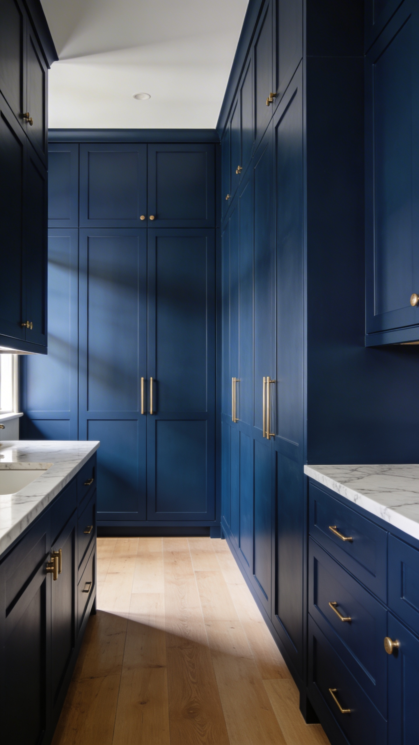 A modern high-end kitchen featuring floor-to-ceiling navy blue cabinetry and white marble countertops showing the impact of bold kitchen cabinet colors.