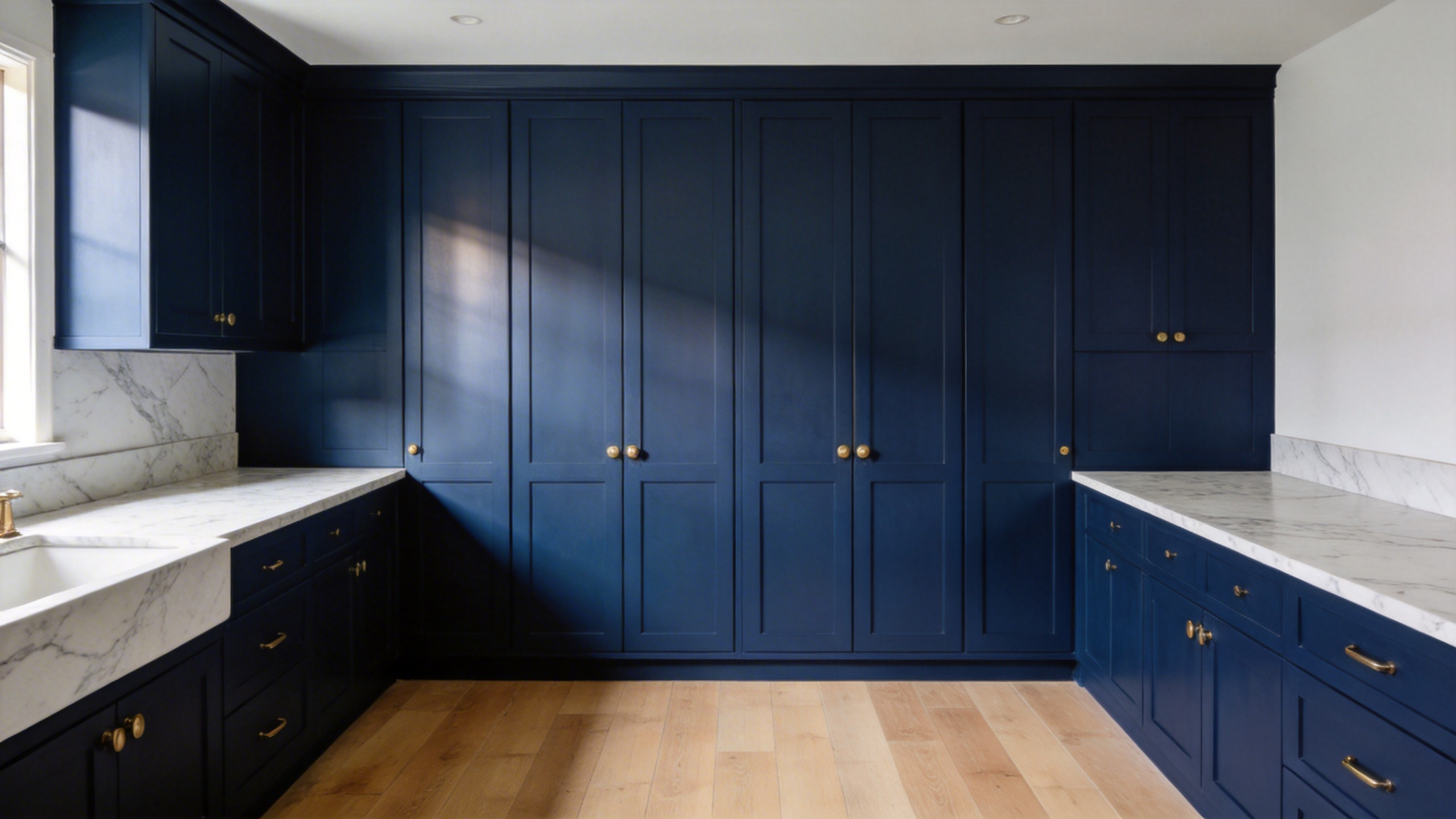 A modern high-end kitchen featuring floor-to-ceiling navy blue cabinetry and white marble countertops showing the impact of bold kitchen cabinet colors.