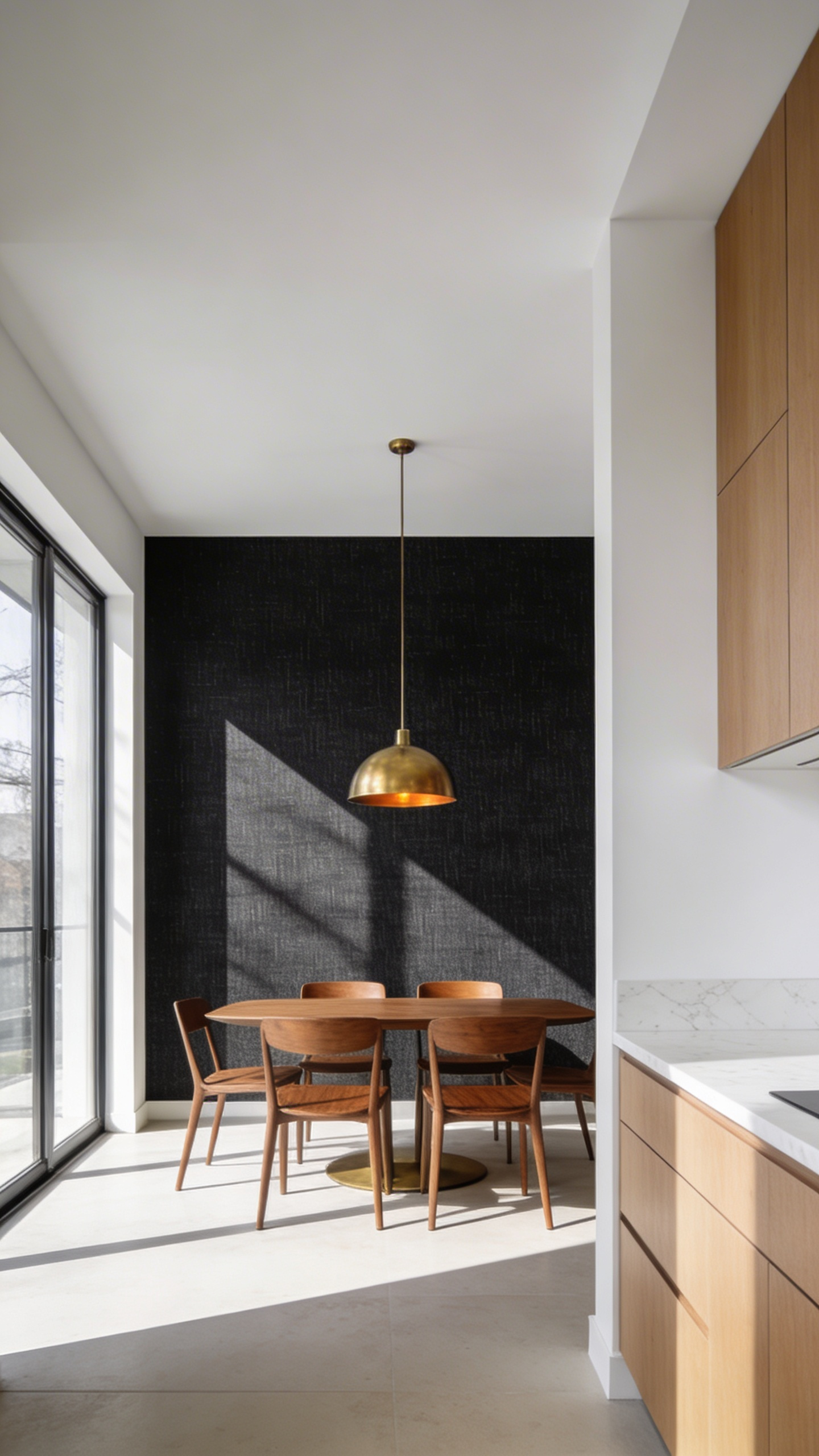A wide shot of a contemporary open-plan kitchen and dining area, illustrating zoning using textured wallpaper. A dining nook wall is covered in deep charcoal grasscloth wallpaper, creating a distinct soft boundary adjacent to the light wood kitchen cabinetry.