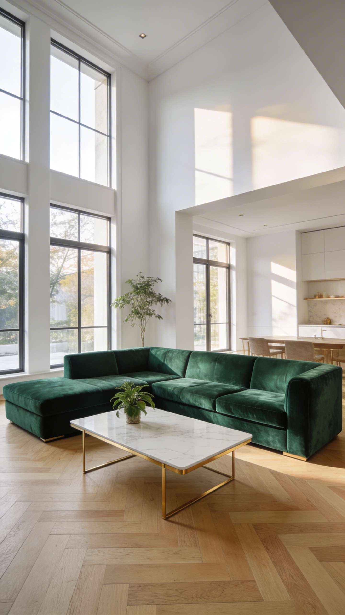 A spacious modern living room with a luxurious emerald green performance velvet sectional couch and large windows.