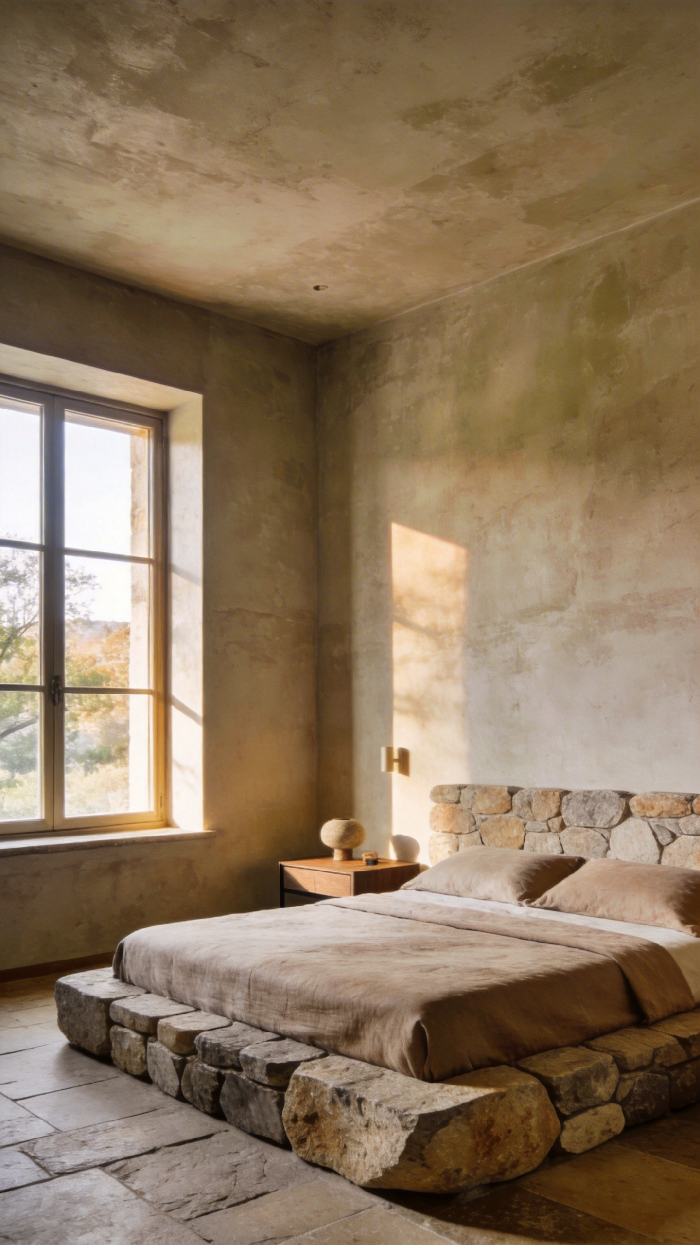 Sophisticated master bedroom featuring quiet luxury paint schemes in warm cashmere and taupe lime plaster.