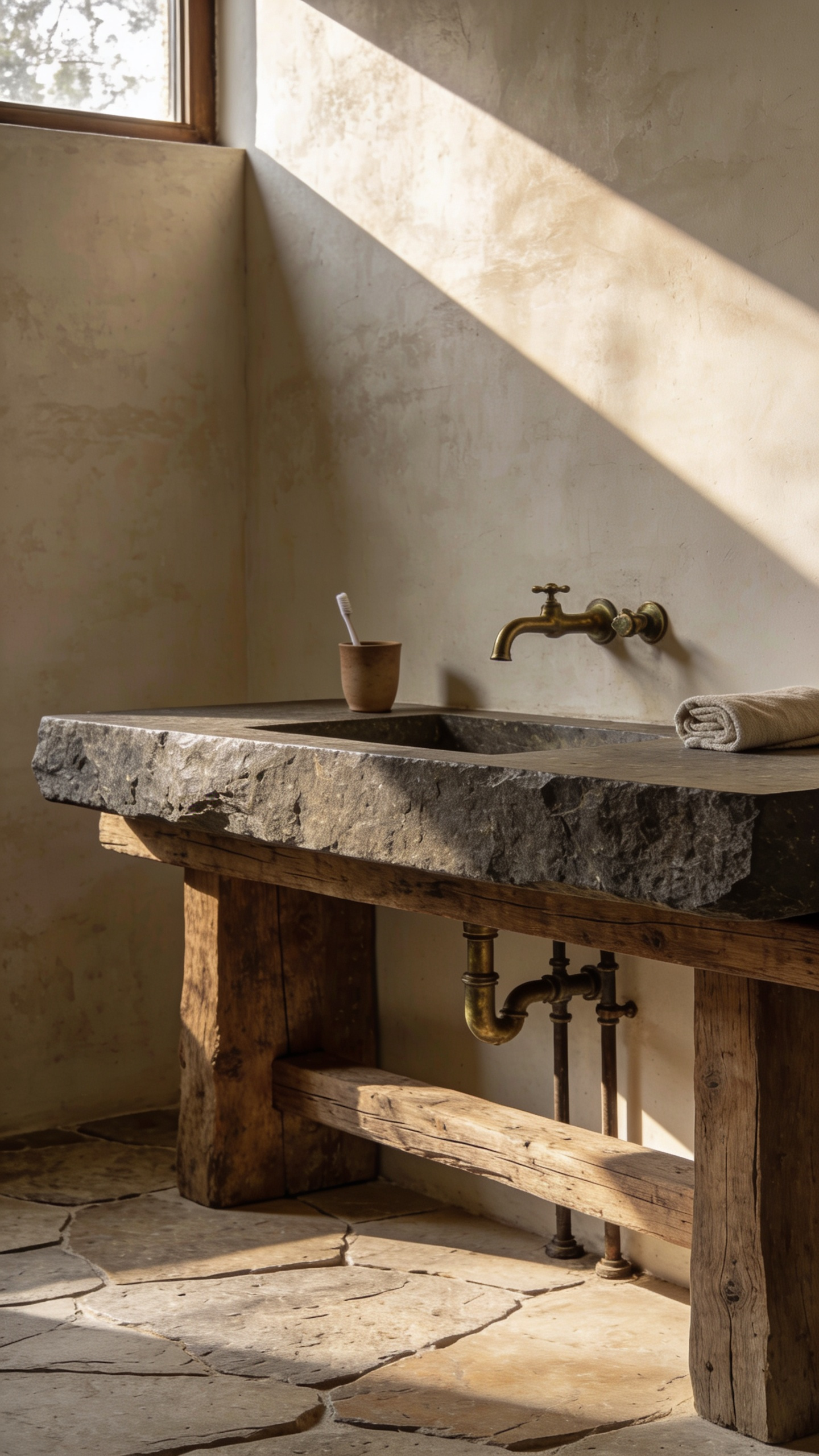 A serene organic sanctuary bathroom featuring a large vanity made of raw, unpolished basalt stone and reclaimed oak wood, emphasizing material honesty and ancestral modernity in rustic bathroom design.