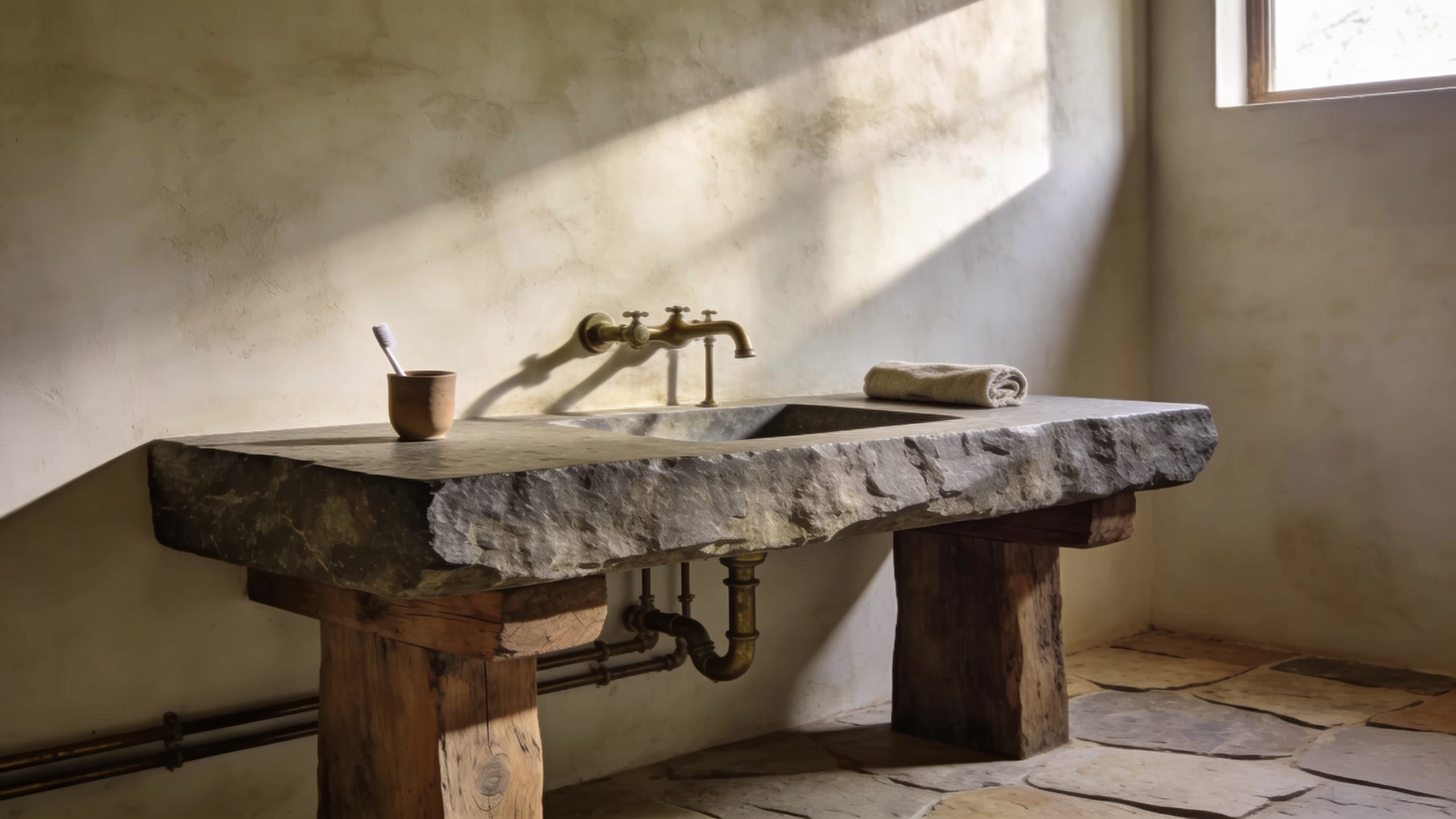 A serene organic sanctuary bathroom featuring a large vanity made of raw, unpolished basalt stone and reclaimed oak wood, emphasizing material honesty and ancestral modernity in rustic bathroom design.