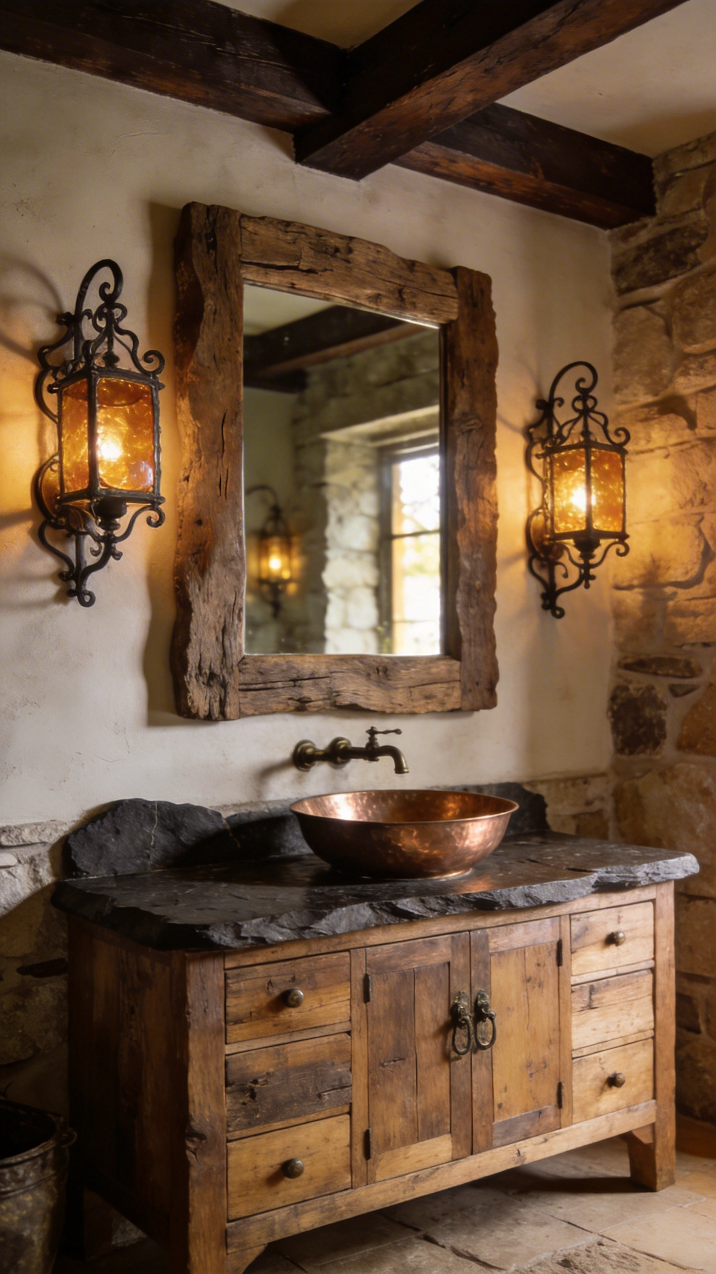 Two hand-hammered wrought iron sconces with amber mica shades providing warm light over a rustic bathroom vanity and hammered copper sink.