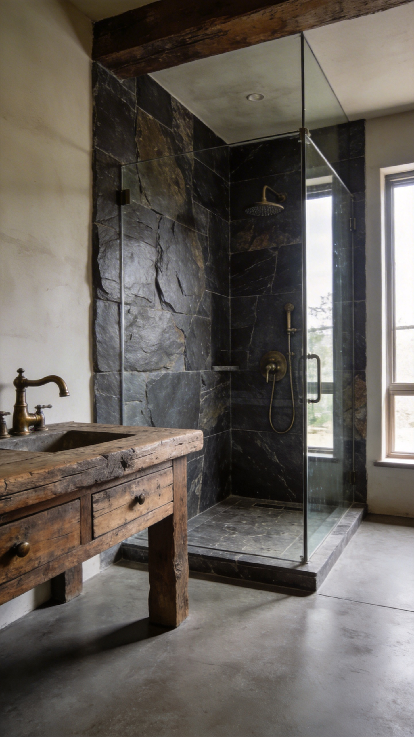 A modern rustic bathroom featuring a walk-in shower with dark natural stone tiles and a matte concrete floor, illustrating the effectiveness of penetrating sealers against moisture.