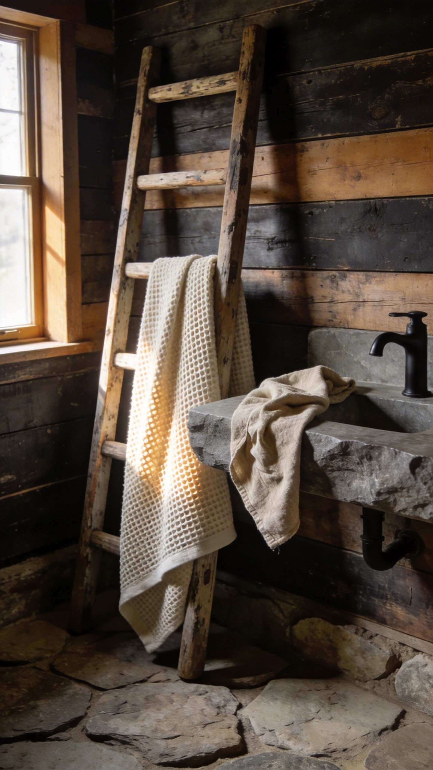 An organic cotton waffle weave towel and natural linen hand towel draped in a rustic bathroom, providing soft textural contrast to the reclaimed wood walls and raw stone countertop.