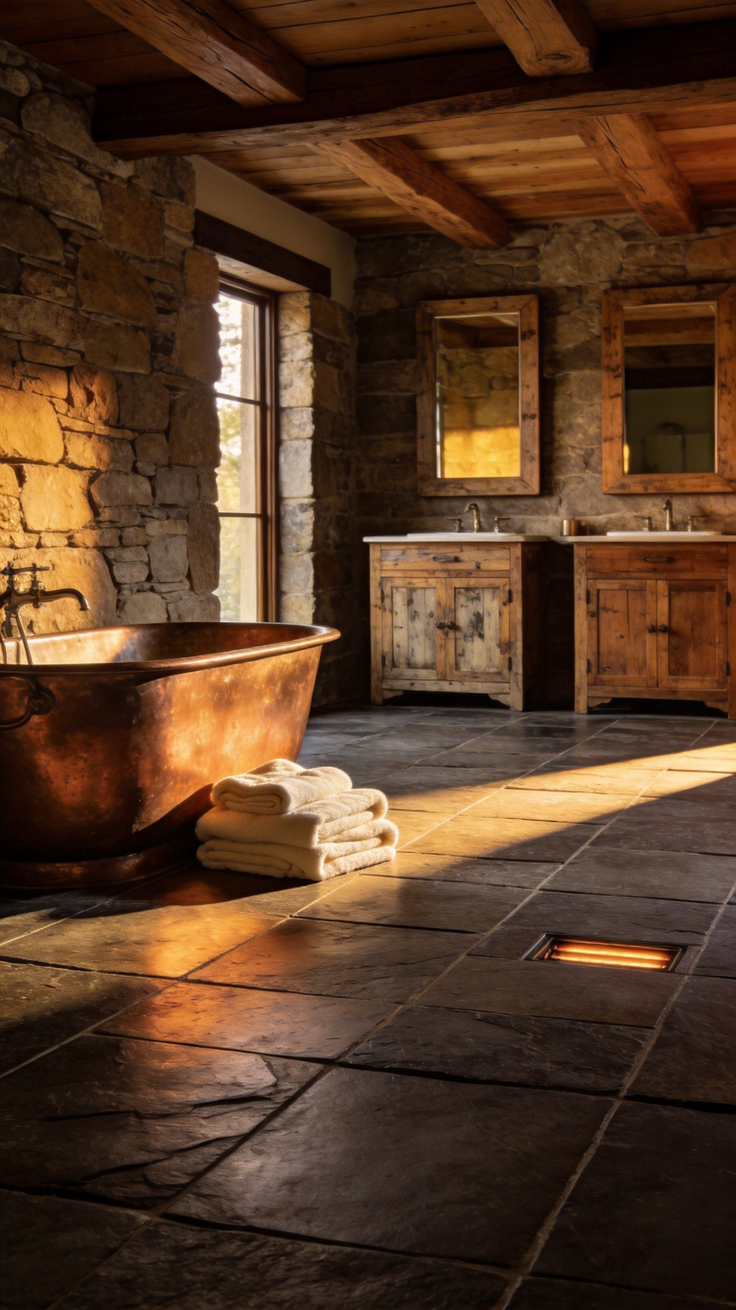 A rustic bathroom featuring dark, textured slate stone floors and a copper tub, illustrating how radiant heating transforms cold natural stone surfaces.