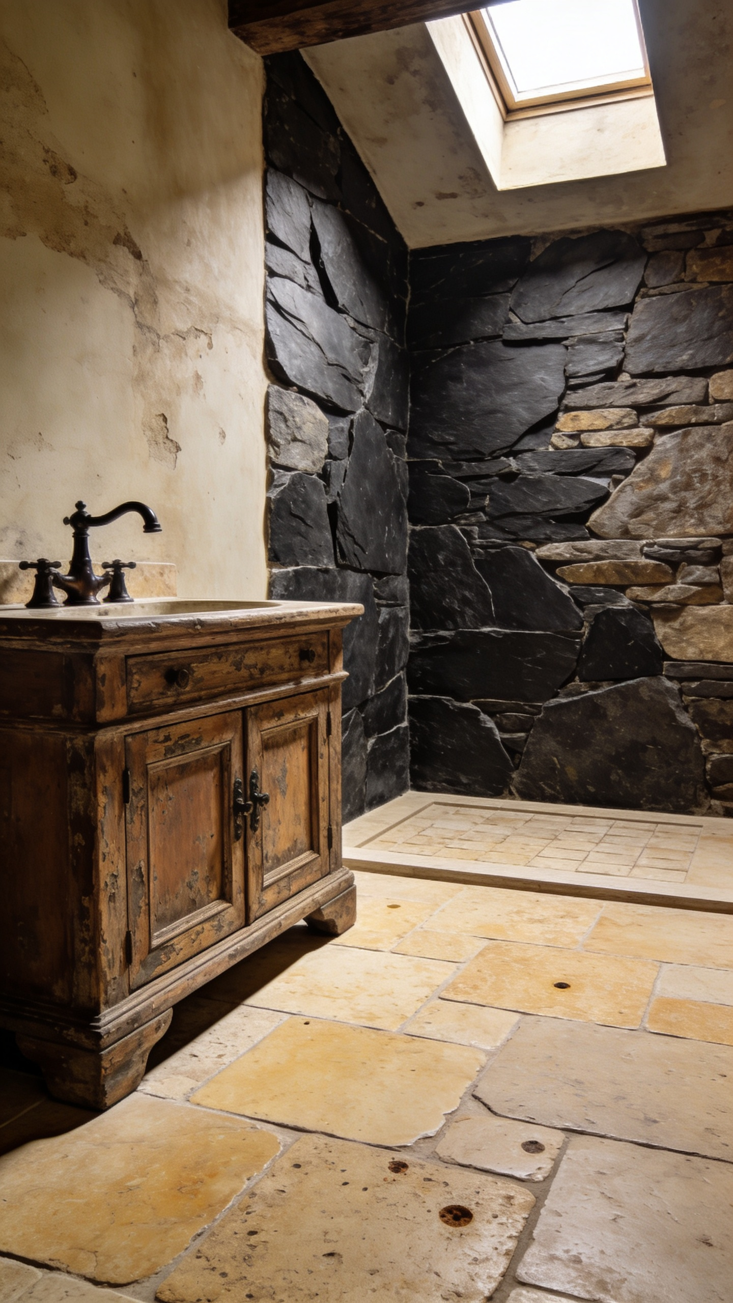 A wide view of a luxurious rustic bathroom featuring expansive tumbled travertine tile flooring and a dark slate shower wall, showcasing the natural patina and authentic texture of real stone.