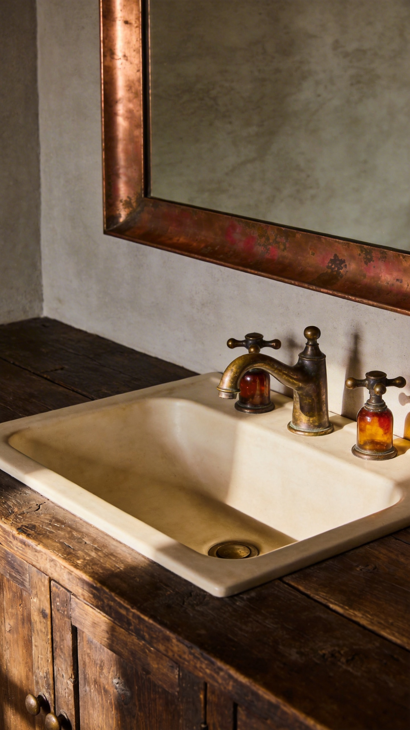 Rustic bathroom vanity featuring an unlacquered brass faucet with deep patina, set against a reclaimed wood counter, highlighting the authentic transformation of living finishes.