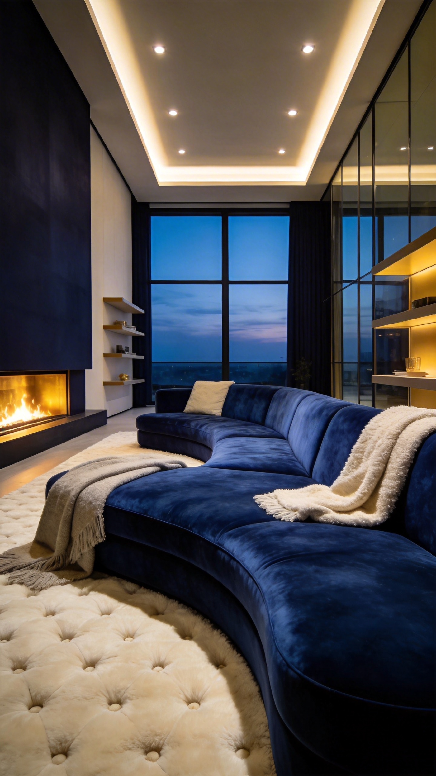 A luxury living room featuring a sapphire blue velvet sectional couch and soft wool rug to illustrate tactile neuroaesthetic design.