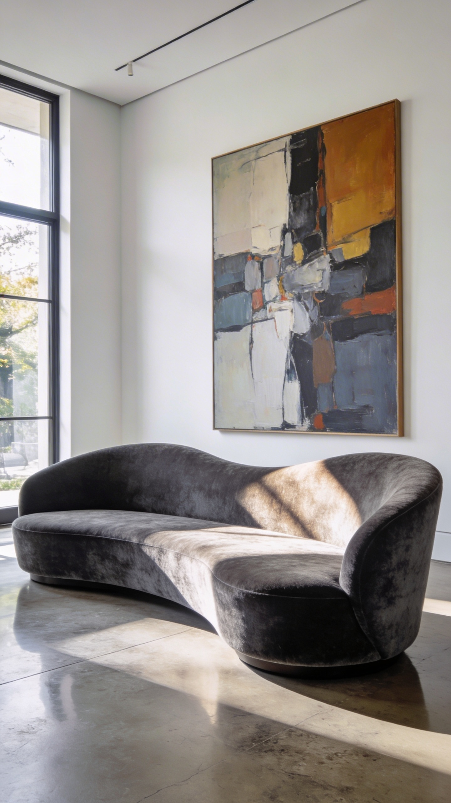 A modern sculptural settee placed in a spacious minimalist living room with white walls and an art gallery aesthetic.
