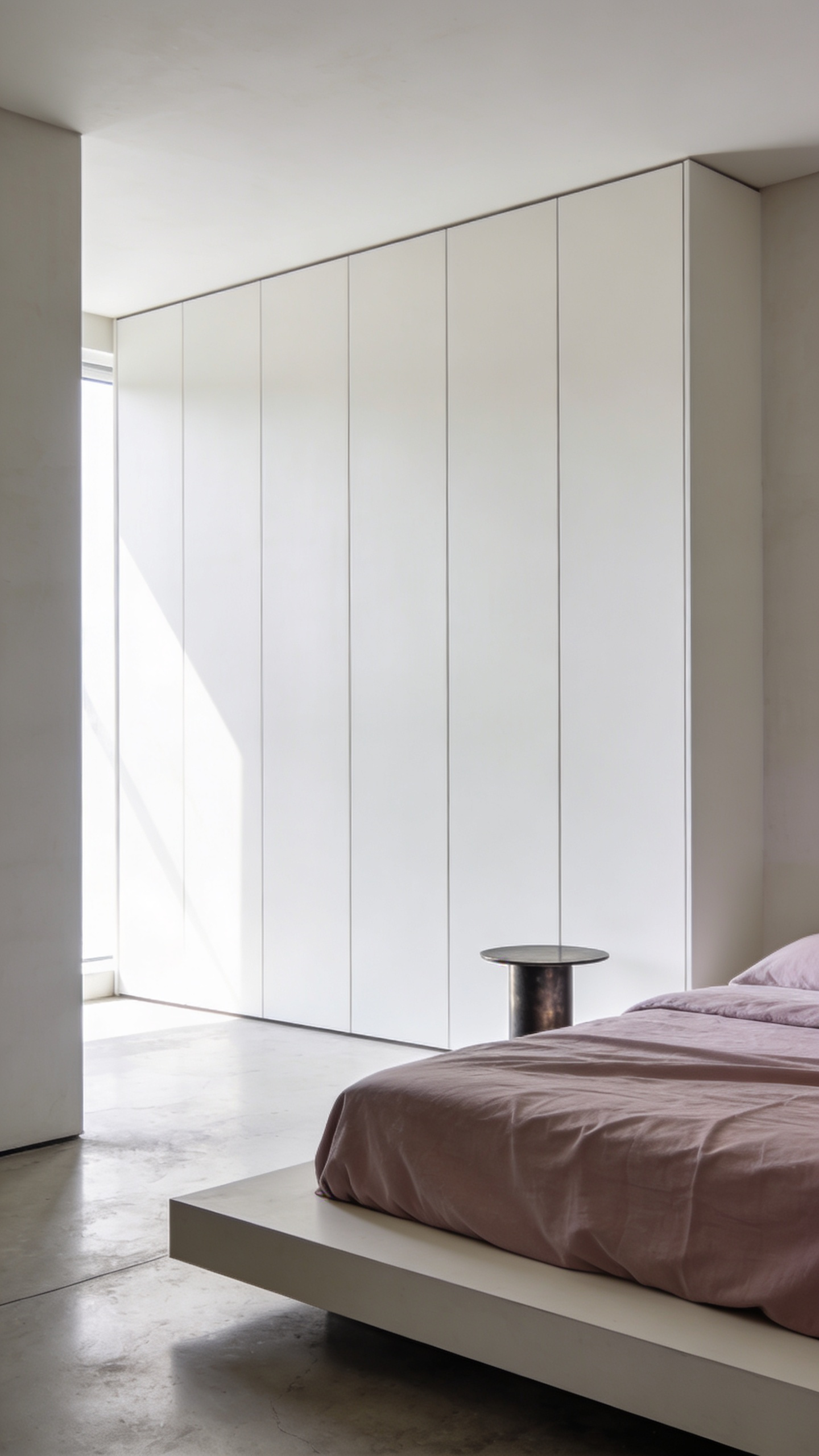 A functional minimalist bedroom showing a low platform bed centered against a smooth wall of seamless, integrated handleless cabinetry that acts as hidden storage, emphasizing clean lines and intentional design.
