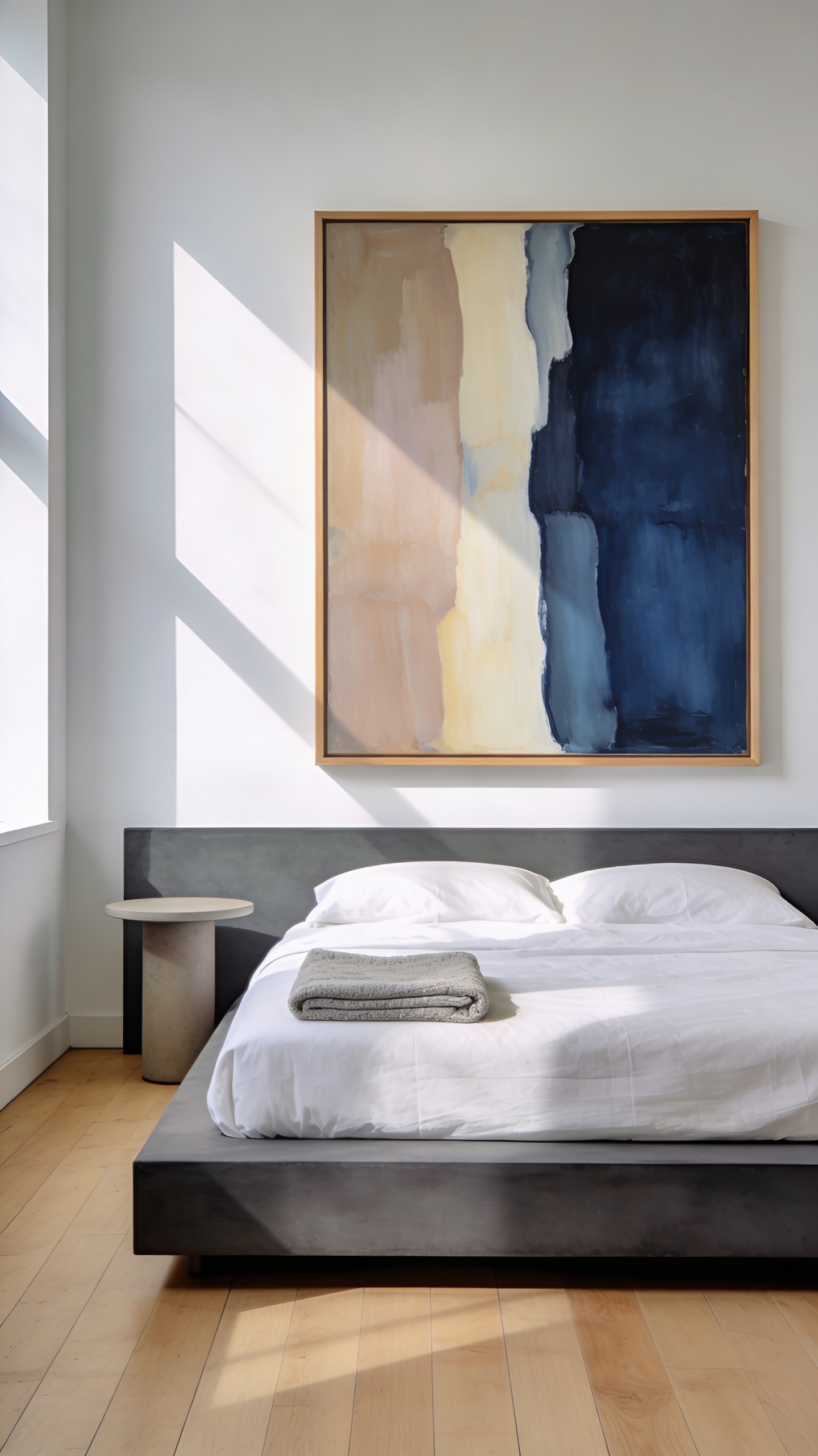 A serene, minimalist bedroom featuring a low charcoal platform bed and a single, oversized abstract artwork centered above the headboard, illustrating reduced visual noise for relaxation.