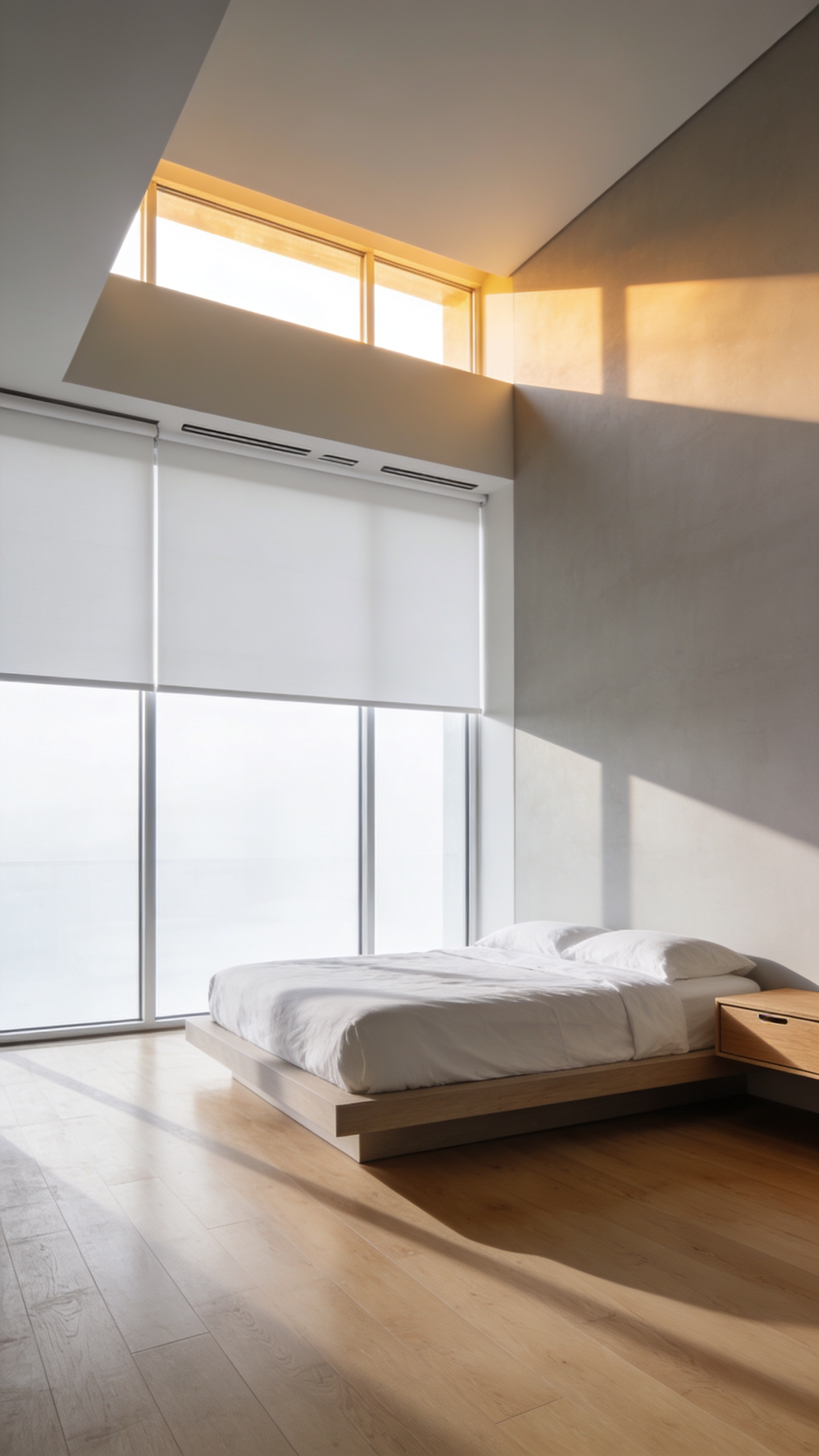 A minimalist bedroom featuring a large window wall with fully recessed, cordless white smart shades lowered halfway to control the soft morning light.