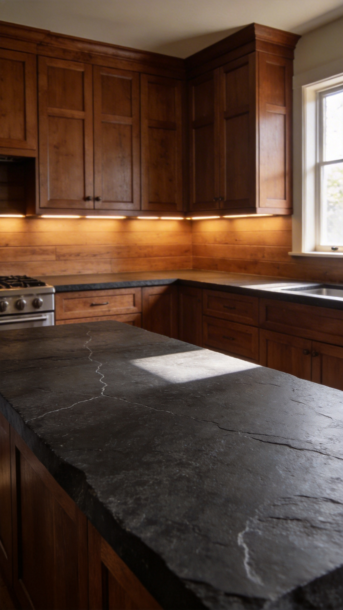Architectural photograph of a warm brown kitchen featuring rich walnut wood cabinetry contrasted sharply with a thick, matte, velvety dark gray soapstone countertop, illustrating a balance between hard wood and soft stone textures.