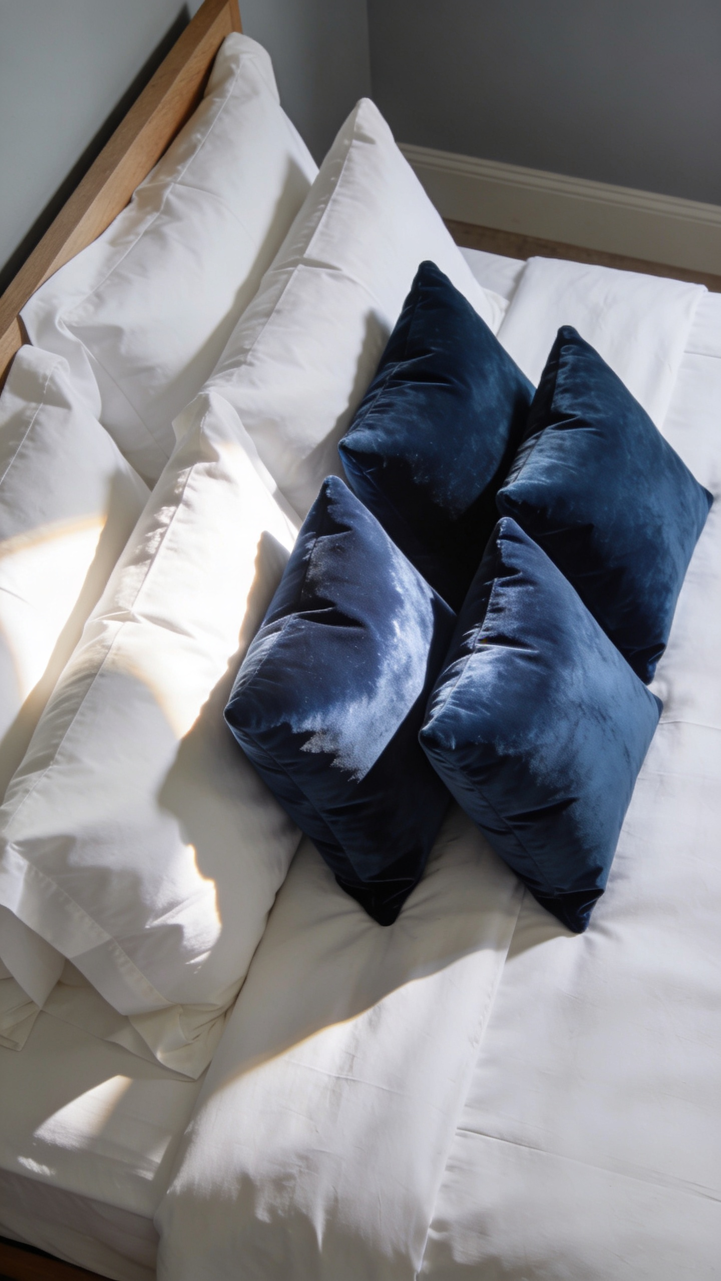 A sophisticated bedroom scene showing deep sapphire velvet throw pillows contrasting sharply against crisp white percale cotton bedding on a large bed.