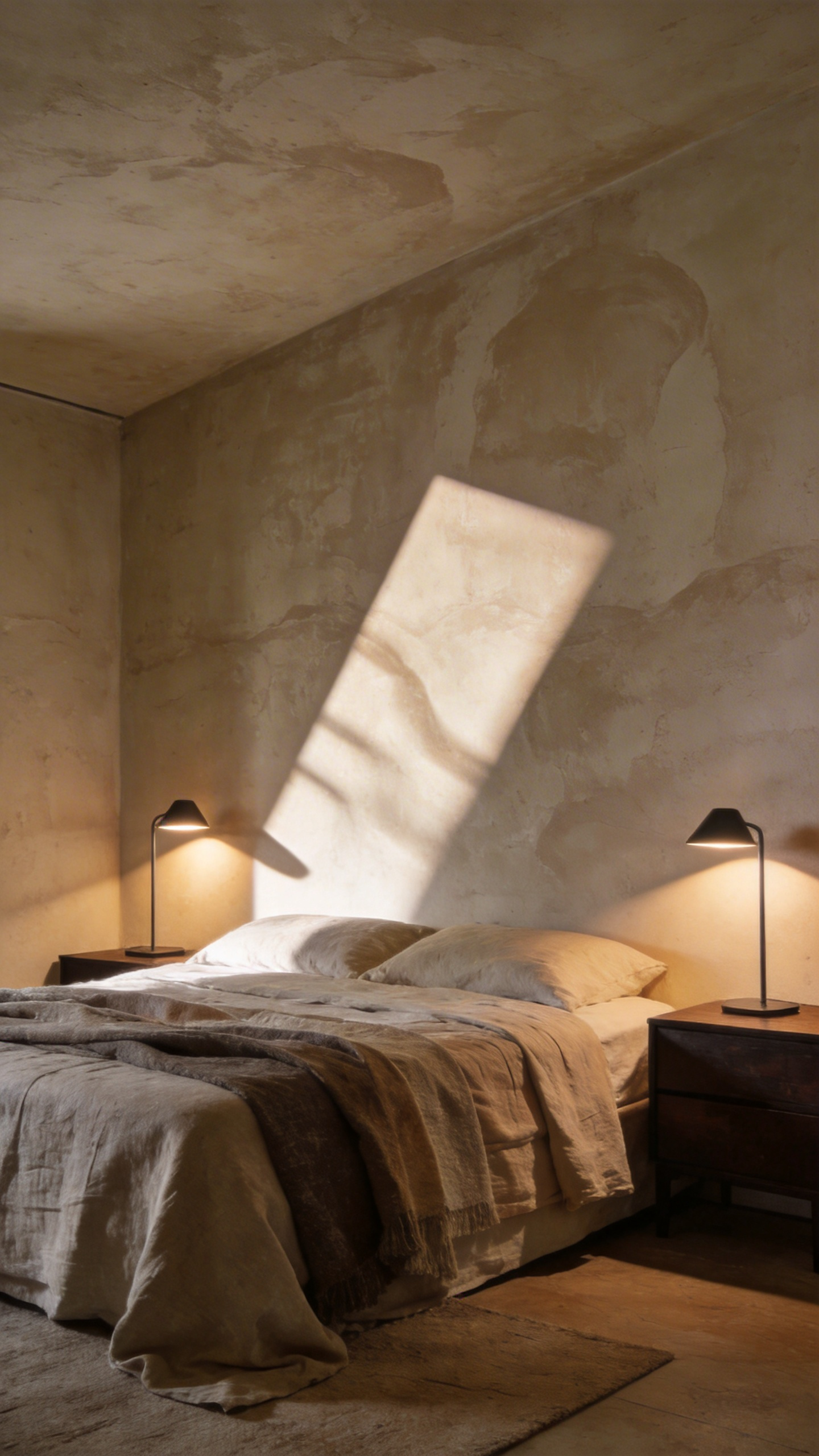 A full view of a modern bedroom with textured limewash walls and warm lighting highlighting the surface depth.