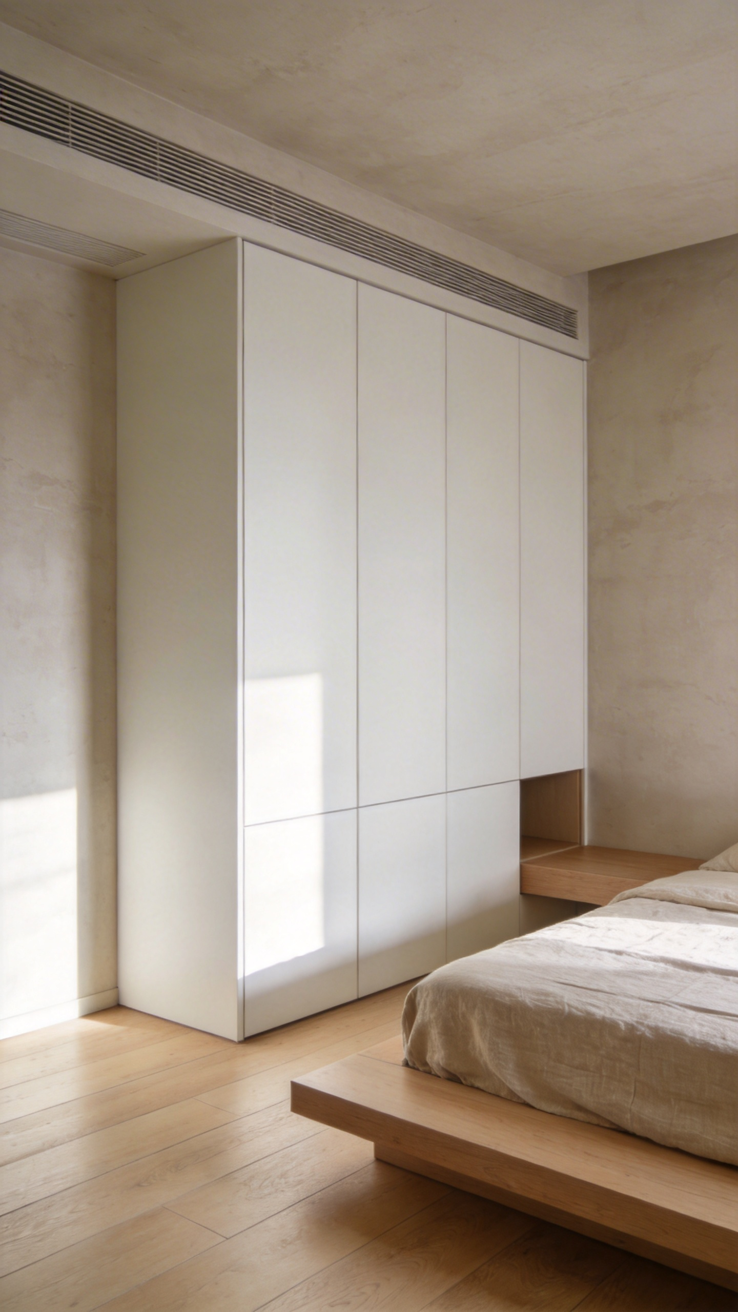 A minimalist bedroom interior showcasing seamless, concealed floor-to-ceiling storage walls, prioritizing negative space and the reduction of visual noise for restorative sleep and cognitive detox.