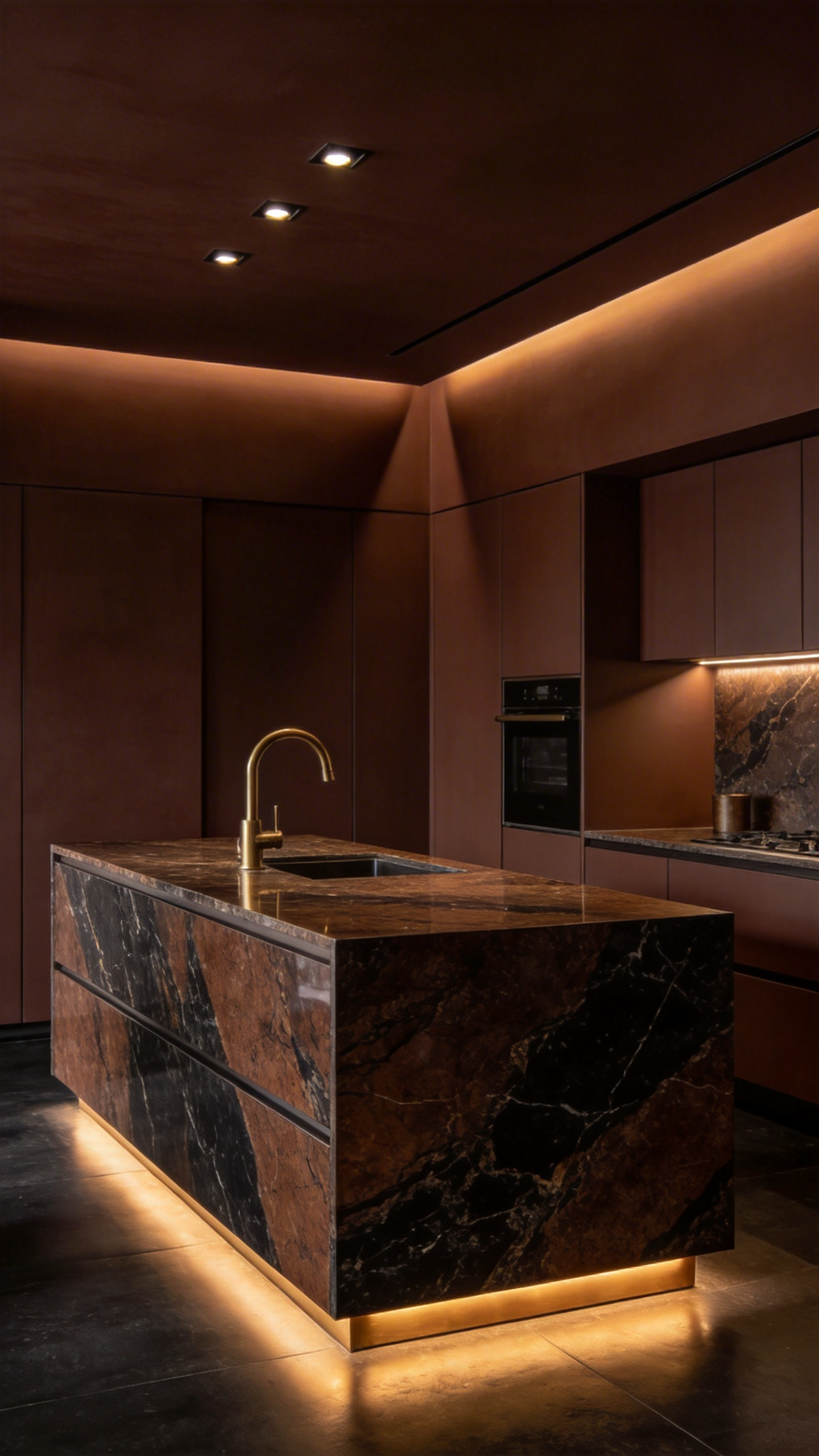 A sophisticated, modern kitchen fully color-drenched in deep matte truffle brown paint, including walls, ceiling, and cabinetry, featuring a large island with a dark veined stone countertop and brushed brass accents.