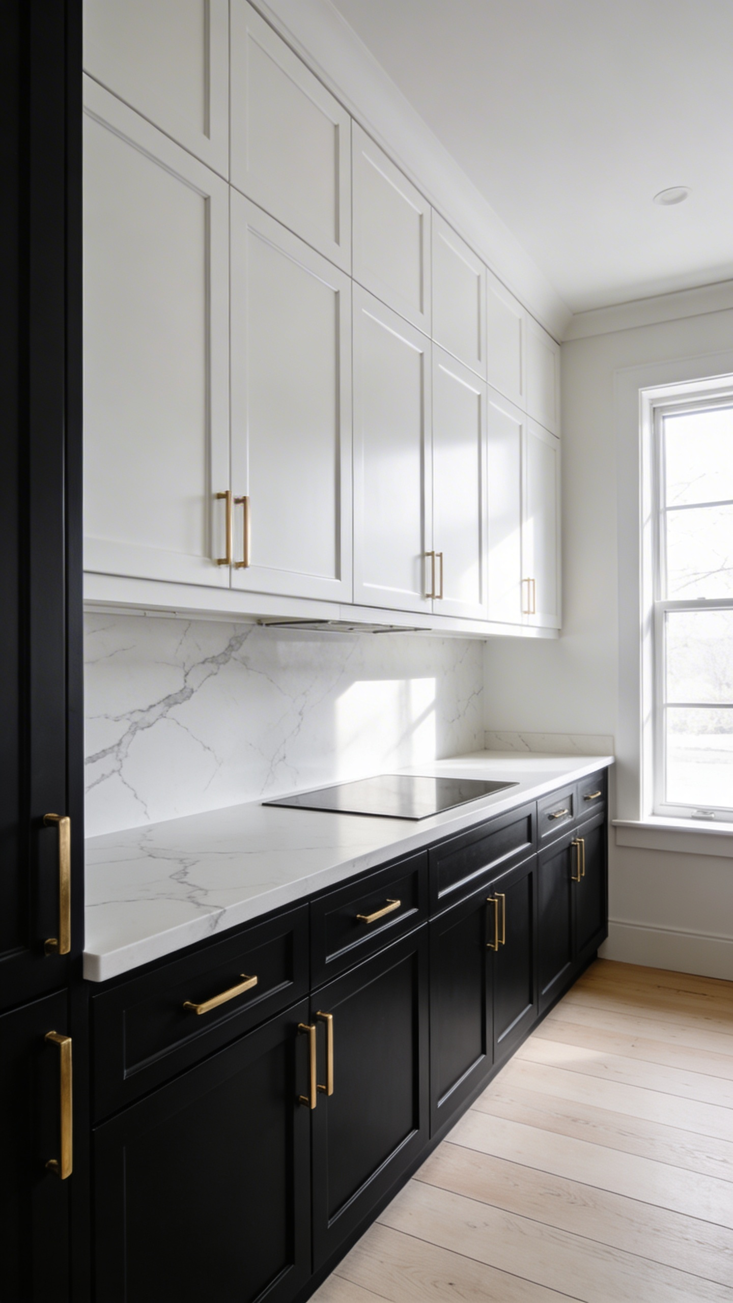 High-contrast tuxedo kitchen design featuring matte charcoal lower cabinets and bright white upper cabinets with gold hardware.