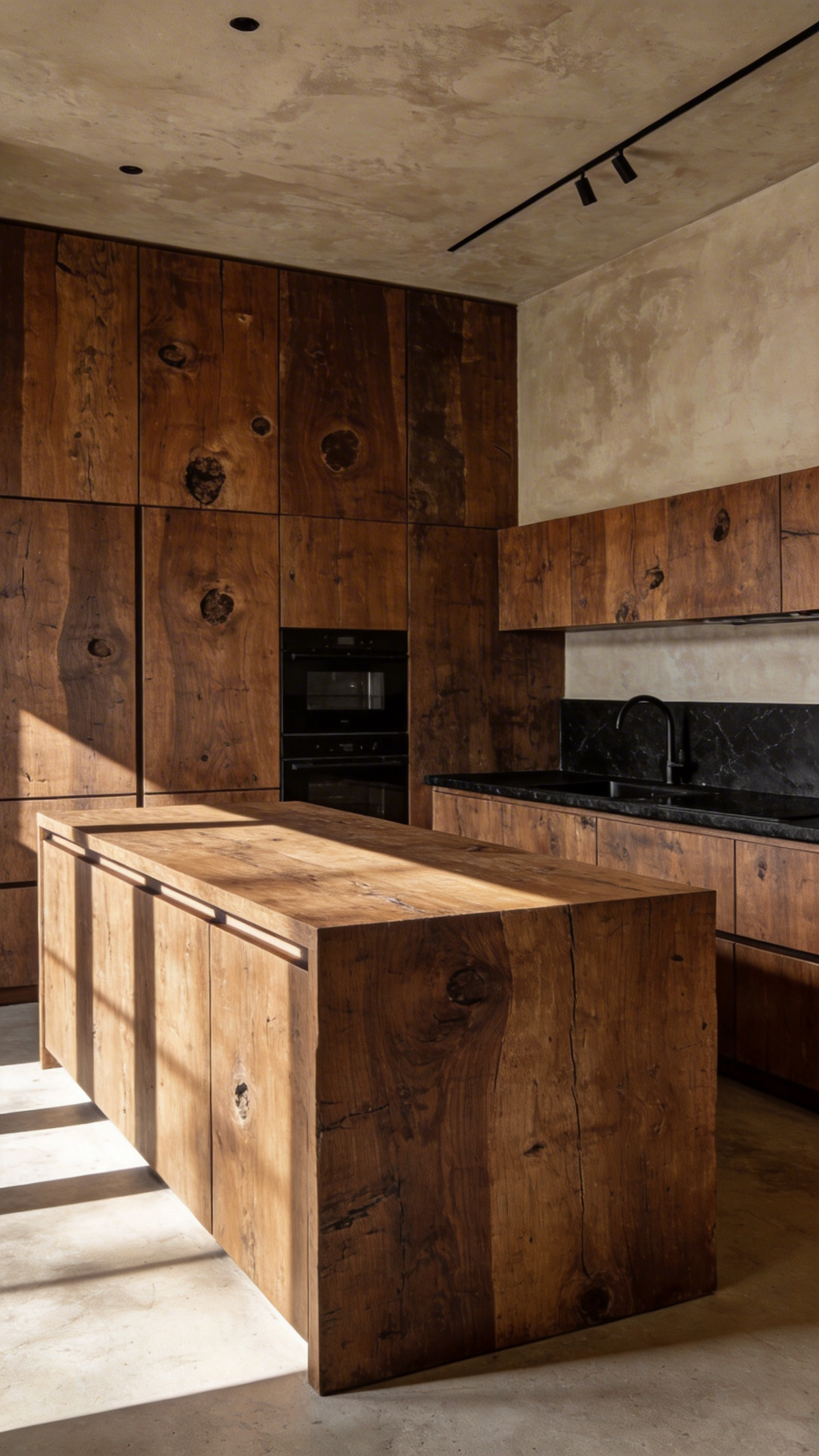 A modern brown kitchen featuring Material Integrity design with unpainted, textured walnut cabinetry and matte black soapstone countertops, emphasizing visible wood knots and natural grain imperfections in a Wabi-Sabi aesthetic.