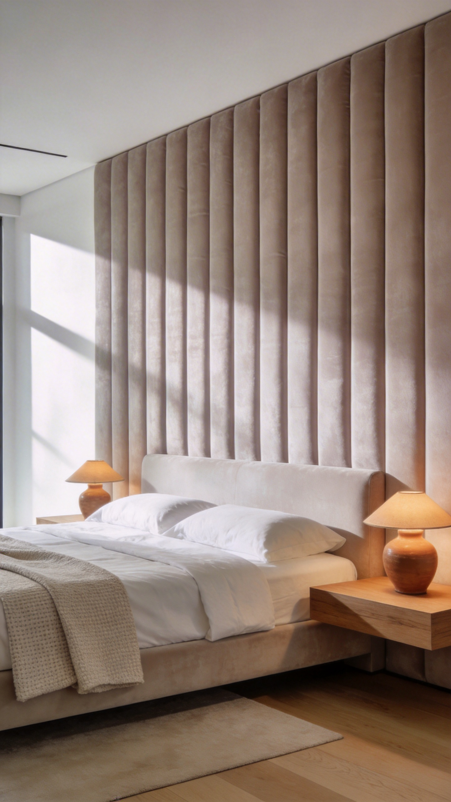 A luxurious master bedroom sanctuary featuring a floor-to-ceiling upholstered wall made of light taupe velvet channel tufting behind the king-sized bed, enhancing comfort and acoustic dampening.