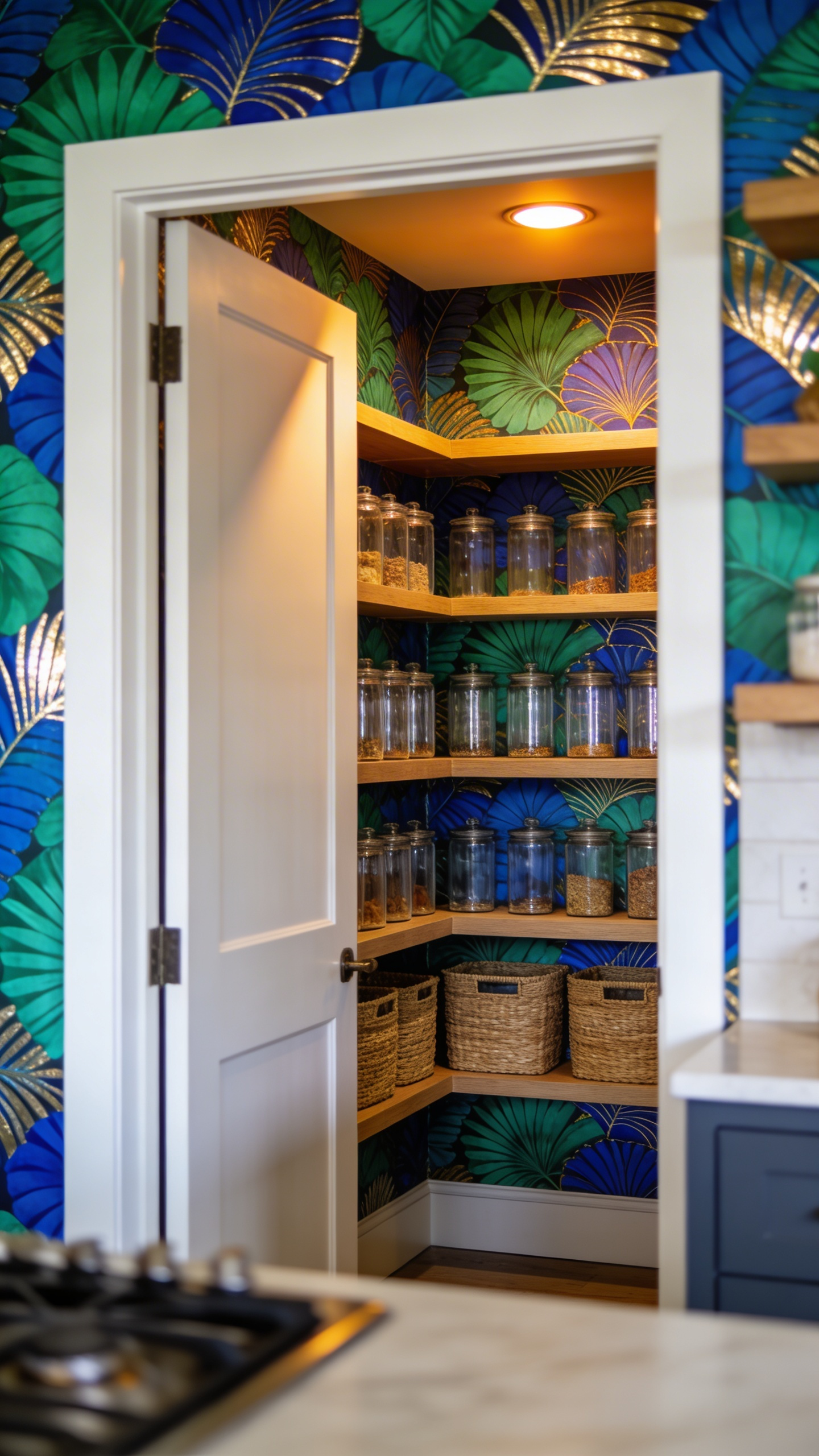 View into a sophisticated walk-in pantry featuring high-impact, large-scale tropical mural wallpaper in vibrant green and blue tones, set against natural wood shelving.