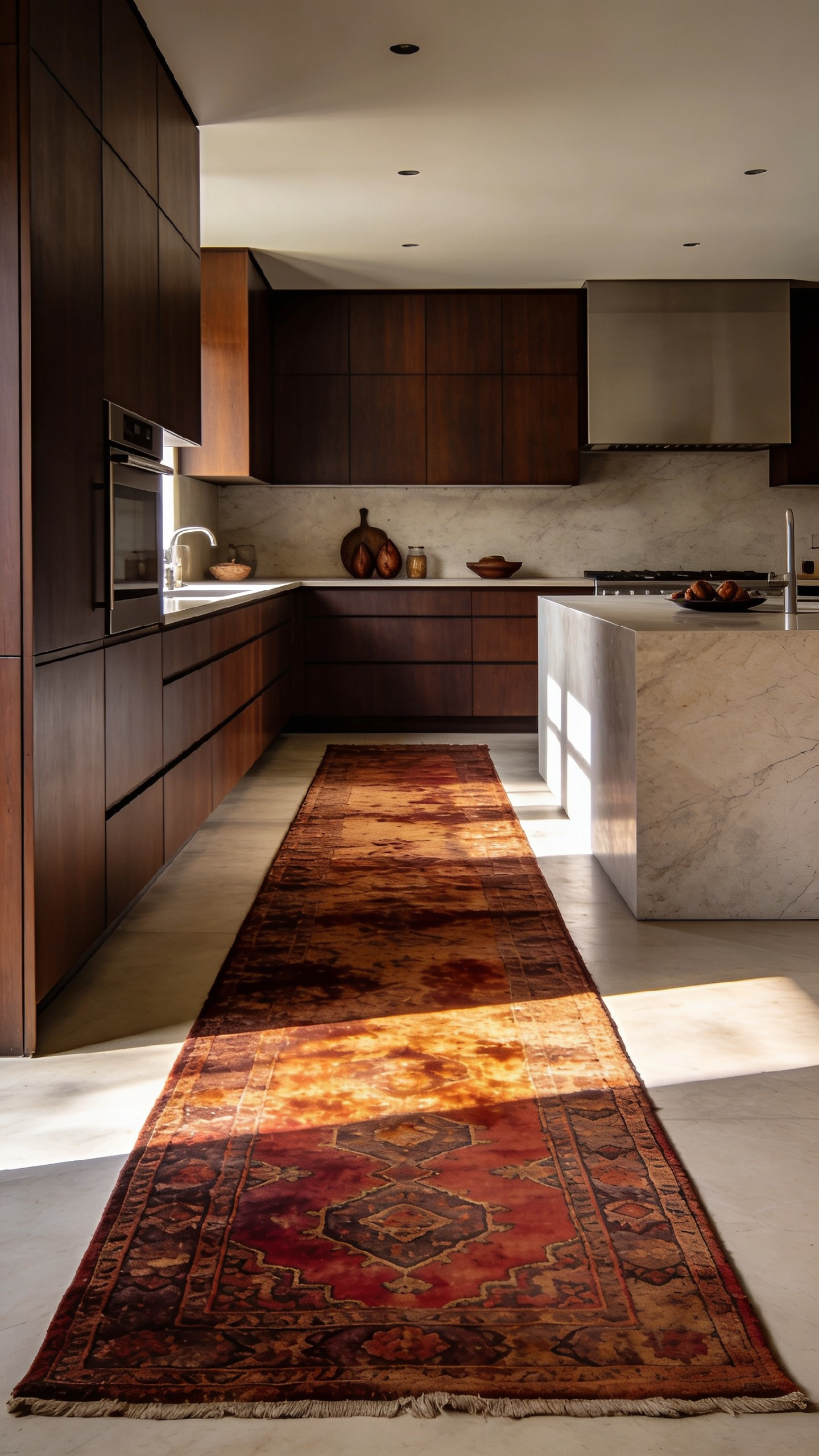 Vintage Persian runner rug in deep rust and umber tones anchoring a sleek, modern brown kitchen floor plan.