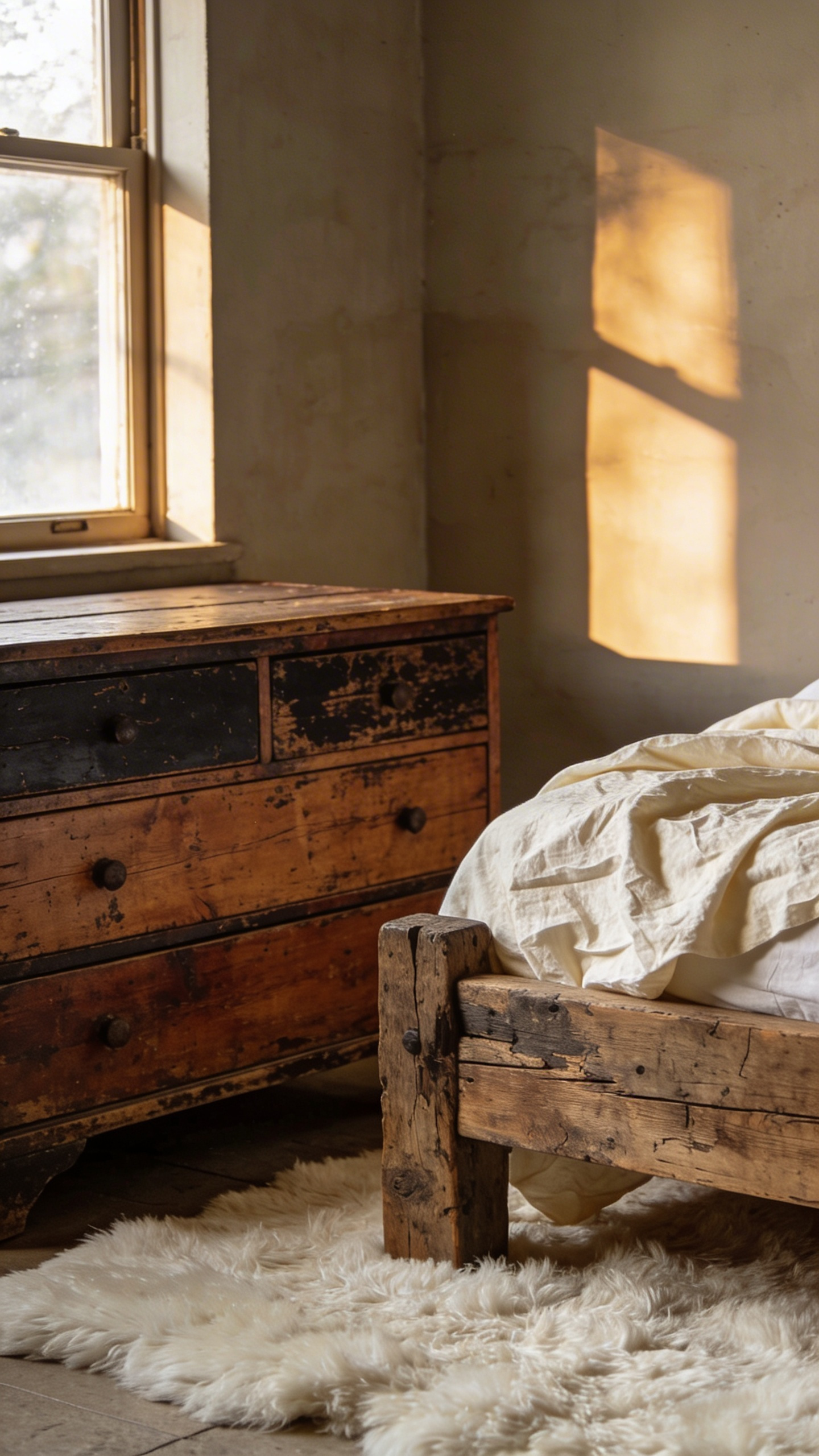 A cozy rustic bedroom featuring vintage thrifted wood furniture with a warm patina and soft linen bedding in natural light.