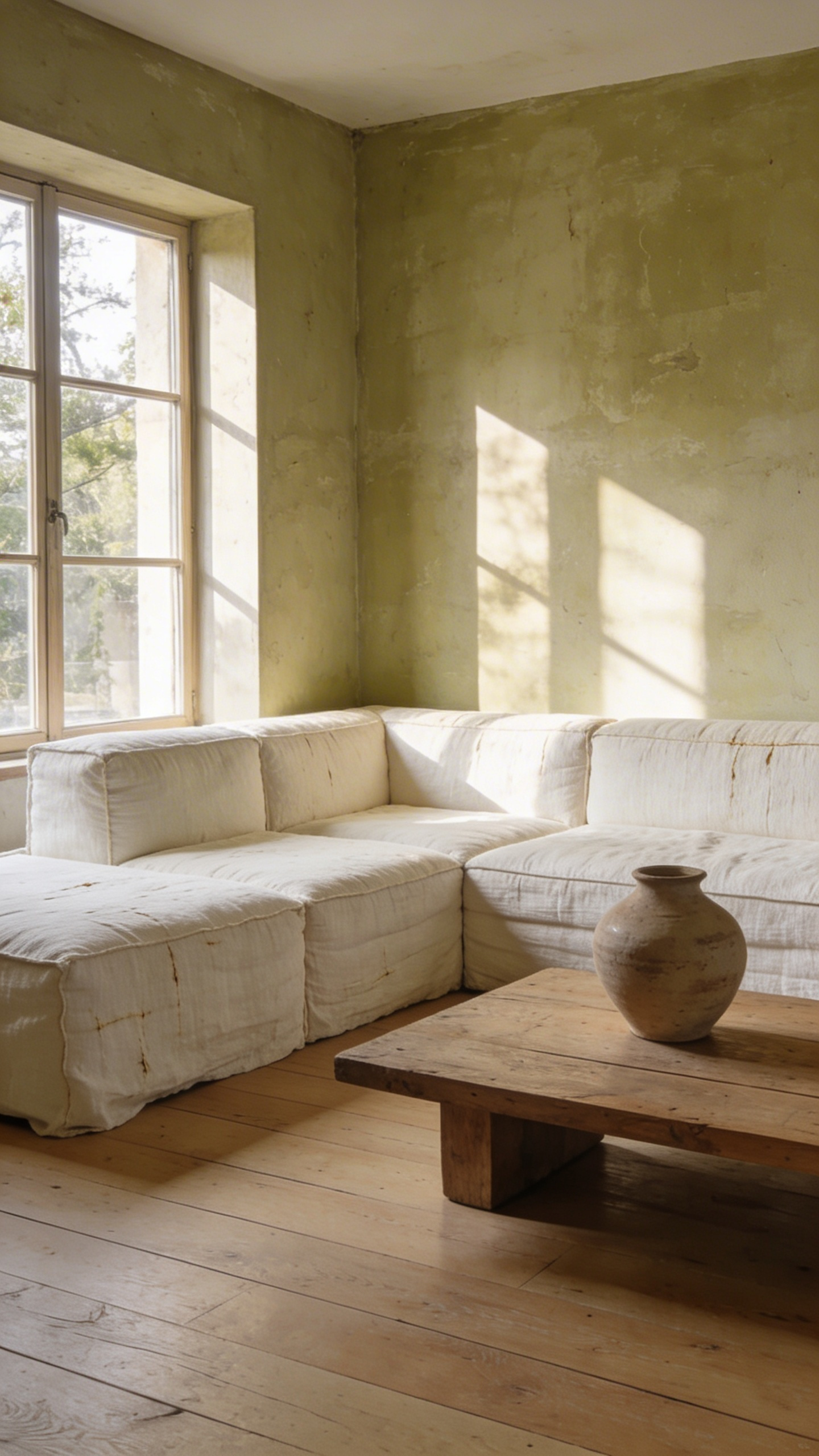 A minimalist living room scene showing a large sofa with raw linen upholstery and natural wood accents in a Wabi-Sabi style.