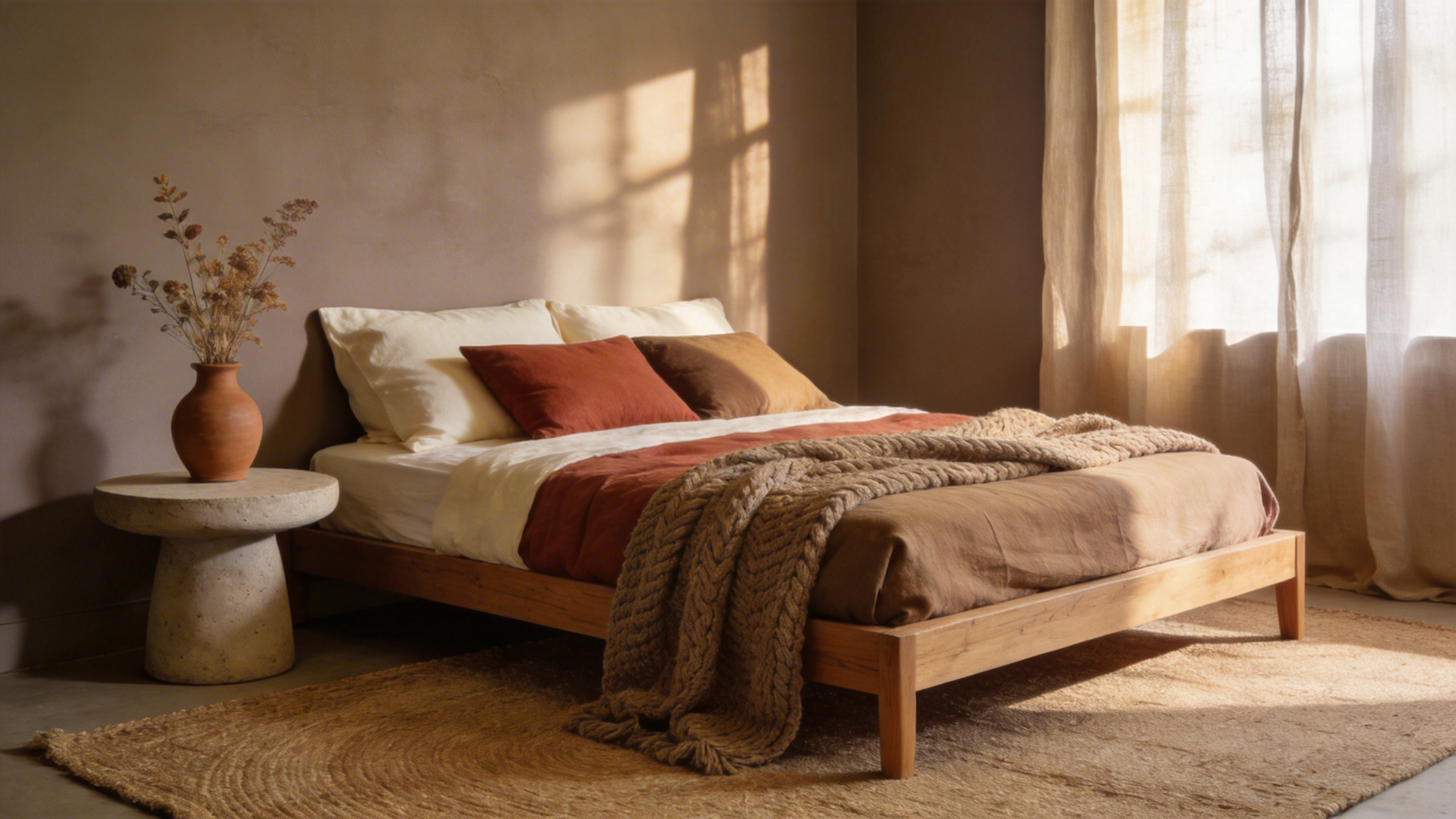 A tranquil minimalist bedroom featuring warm taupe walls, layered cream and terracotta linen bedding, natural wood furniture, and diffused natural light, illustrating the concept of warm minimalism.