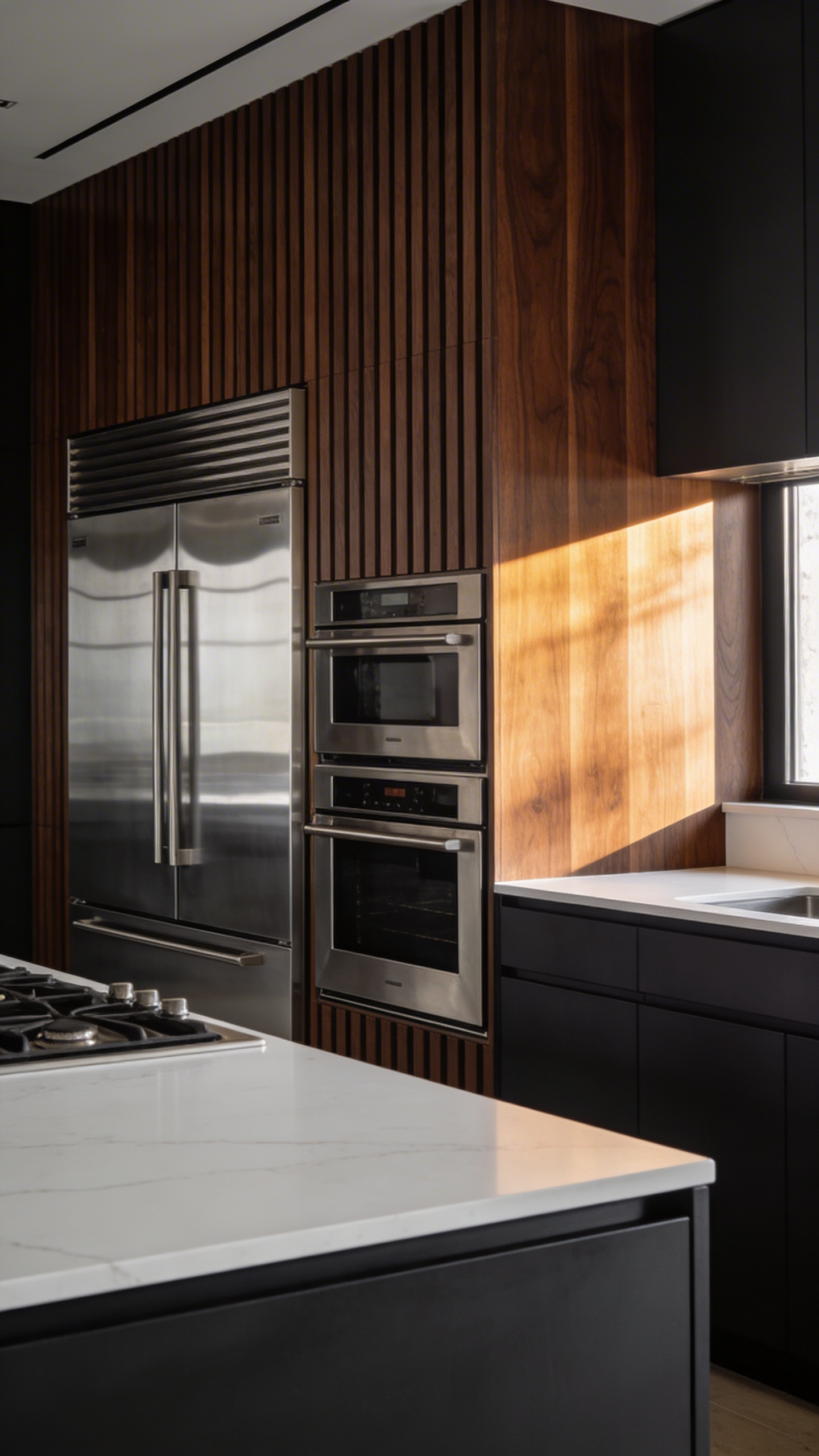 A contemporary kitchen featuring warm walnut woodgrain wallpaper installed behind professional stainless steel appliances, such as a refrigerator and oven, creating an inviting visual balance between industrial and organic textures.