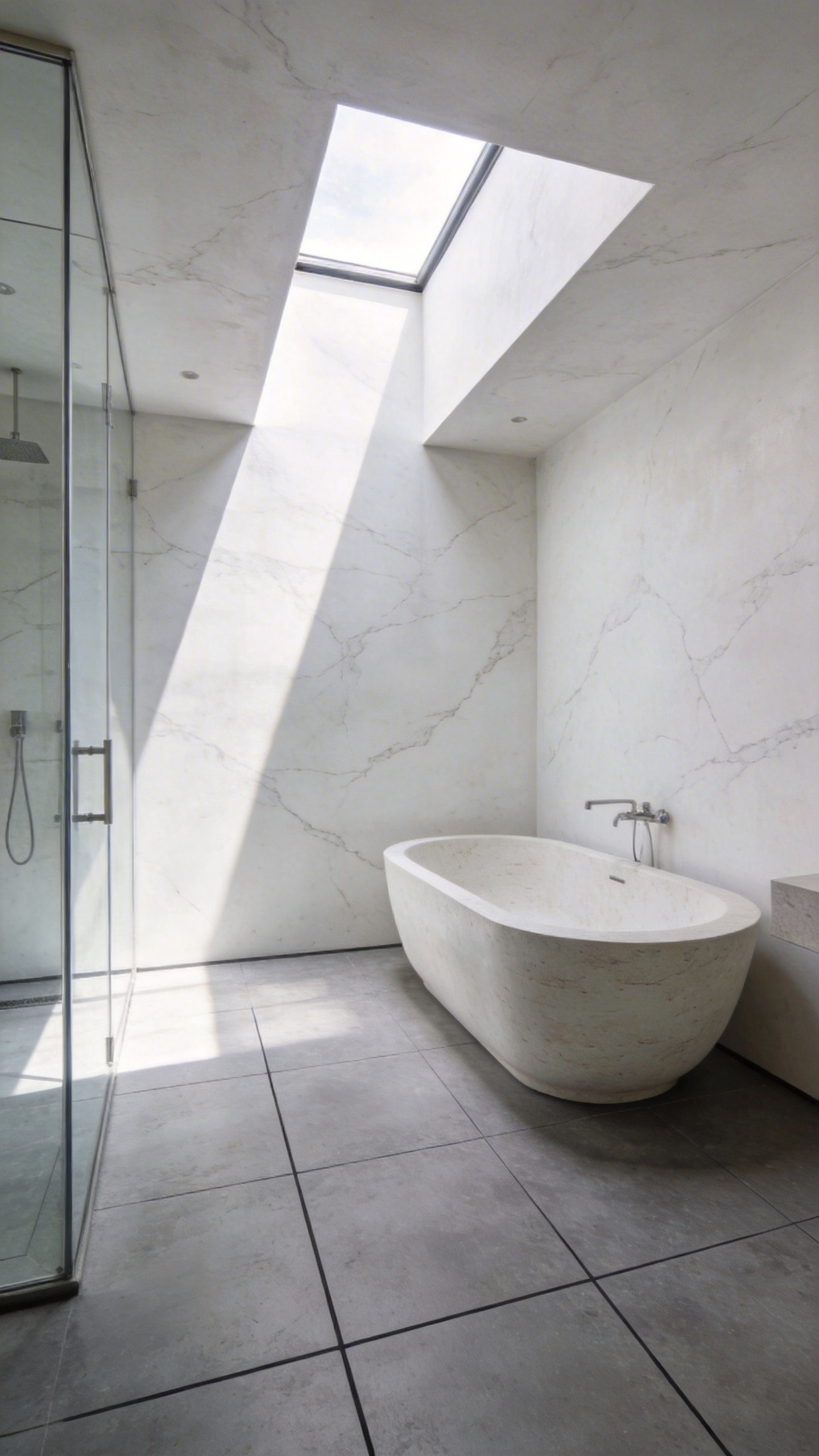 A serene minimalist bathroom featuring smooth acoustic plaster walls, a freestanding stone bathtub, and a glass shower enclosure designed for sound absorption.