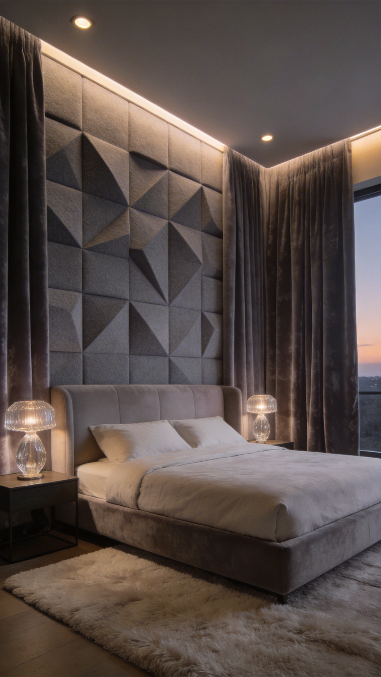A luxurious modern bedroom for a couple featuring sound-absorbing felt wall panels and soft textures to create a quiet and tranquil environment.
