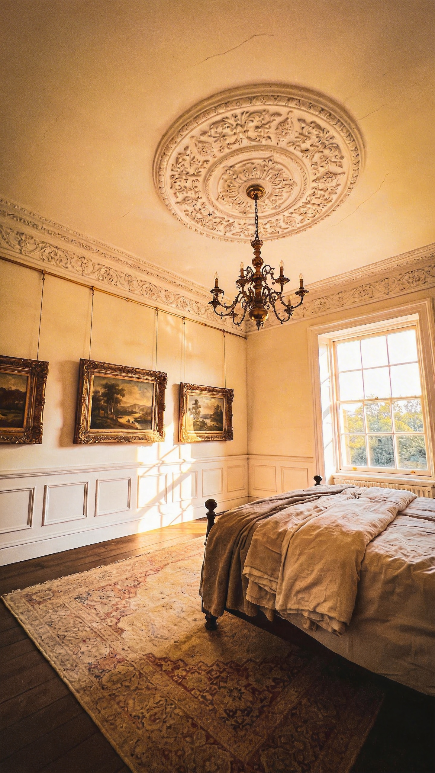 A bright vintage bedroom displaying traditional wainscoting, picture rail moldings with suspended art, and a decorative ceiling medallion.