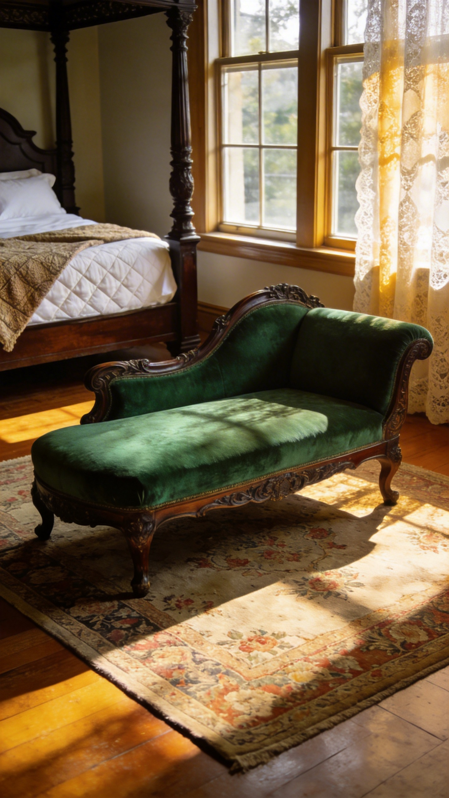 A beautifully restored Victorian chaise lounge with green velvet upholstery in a sunlit vintage-style bedroom.