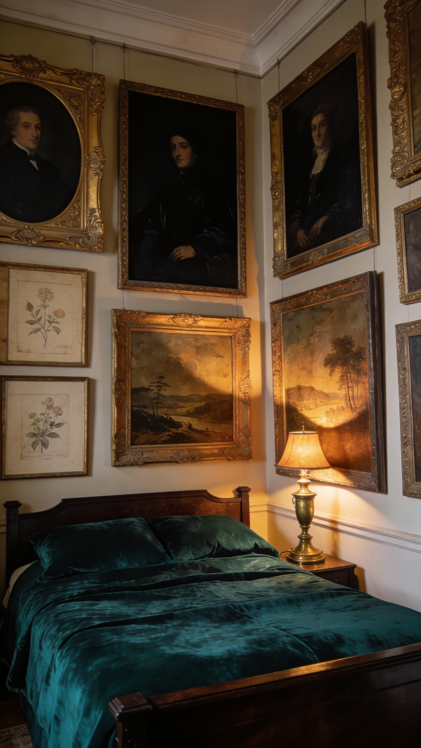 A high-end vintage bedroom featuring a dark gallery wall filled with moody oil portraits and botanical art in gold frames.