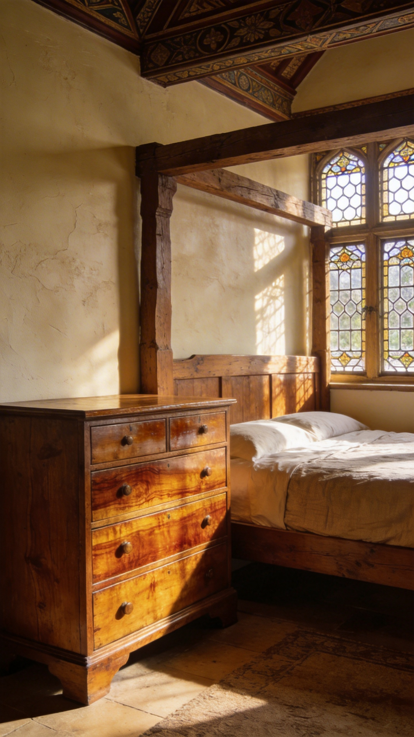 A vintage bedroom aesthetic featuring a solid oak dresser and heritage timber furniture in the Arts and Crafts style.